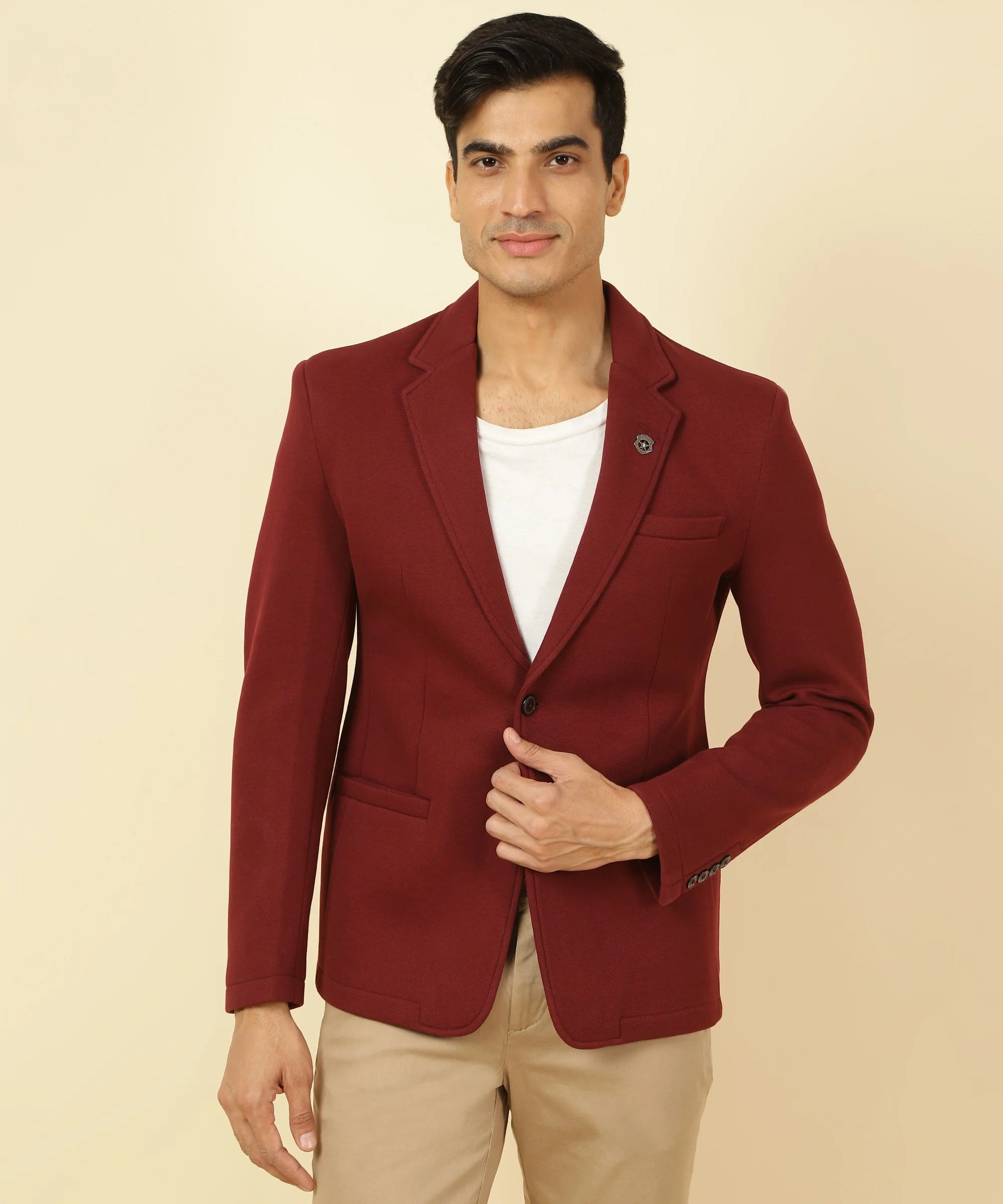 Men's Wine Knitted Blazer with Notched Lapel