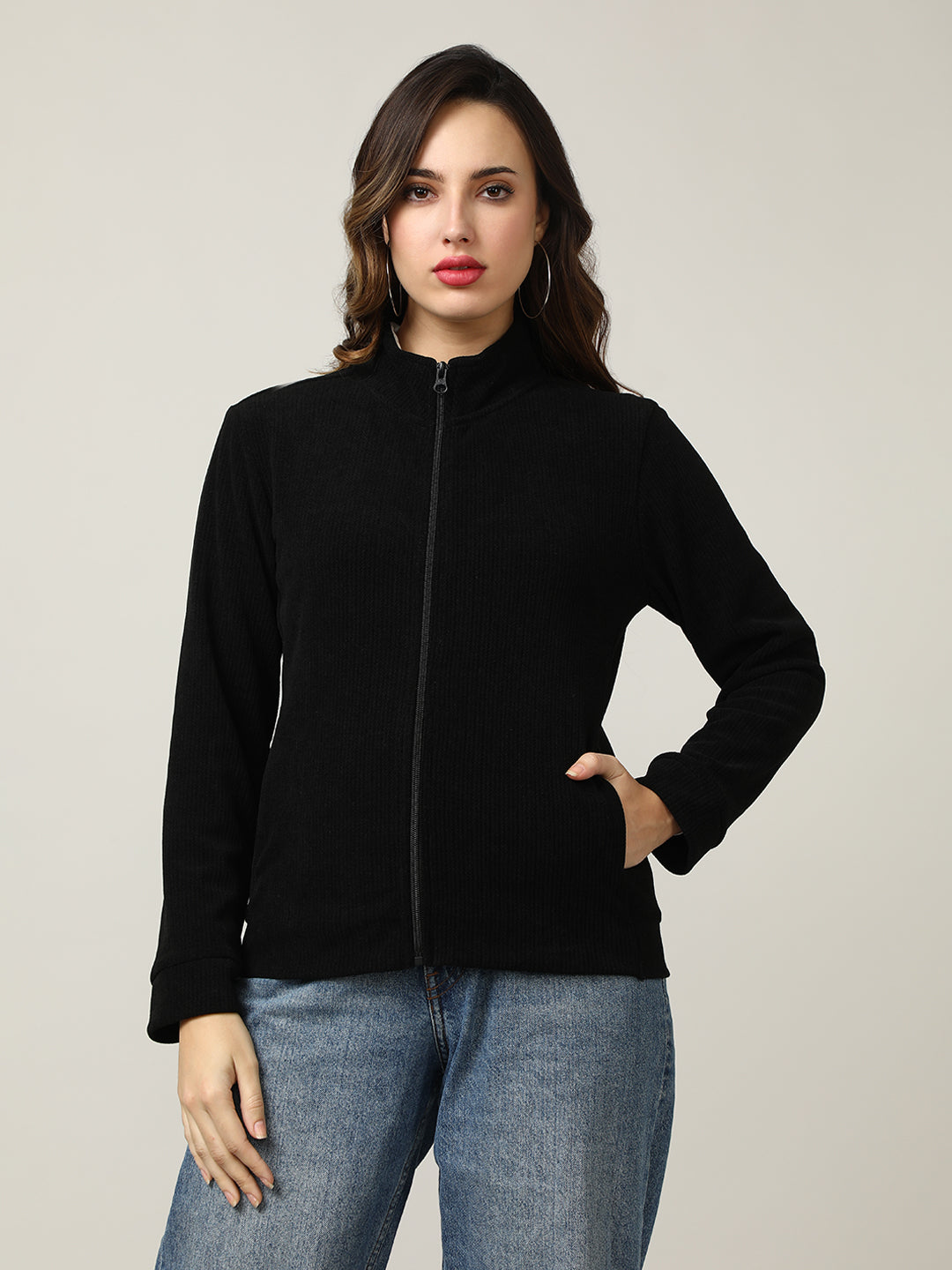 Classic Black Ribbed Full-Zip Jacket