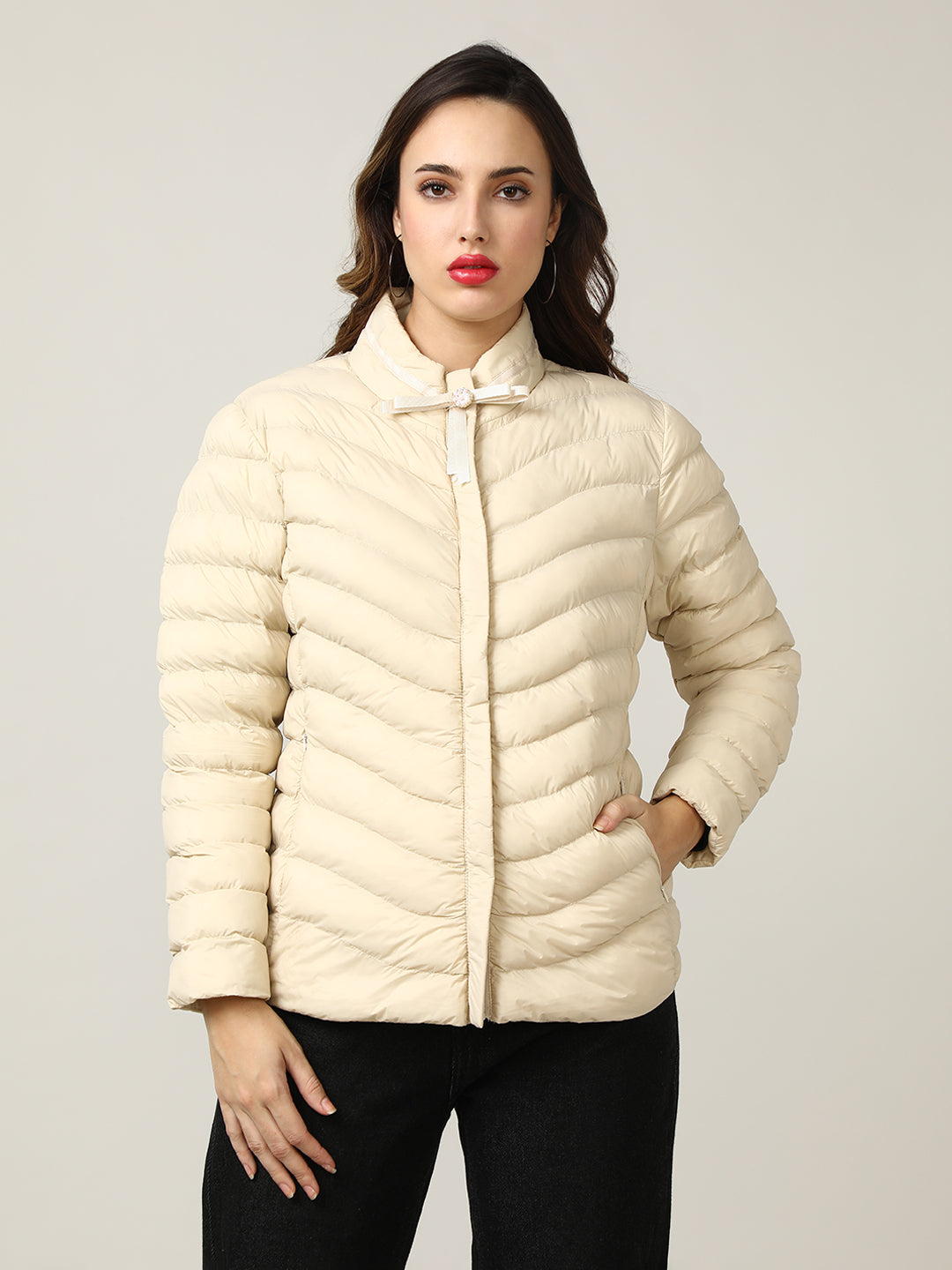 Stylish Cream Puffer Jacket with Bow Detail