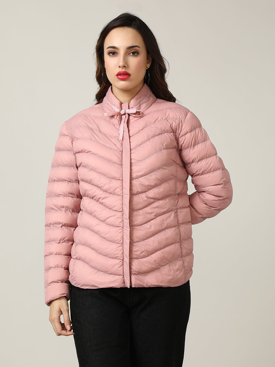 Stylish Chic Pink Puffer Jacket with Bow Detail
