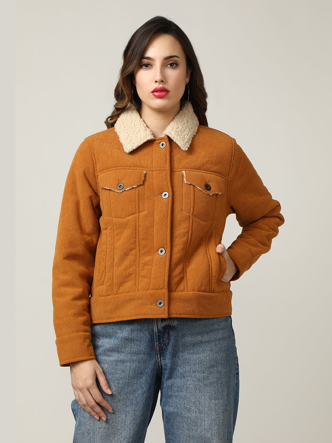Cozy Mustard Corduroy Jacket with Shearling Collar