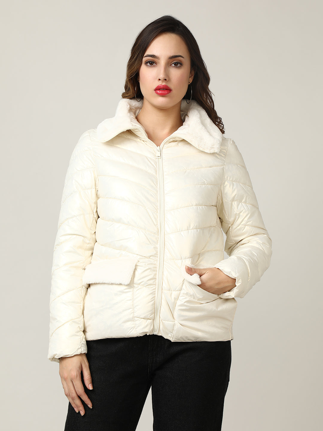 Women's Cream Quilted Puffer Jacket with Faux Fur Collar