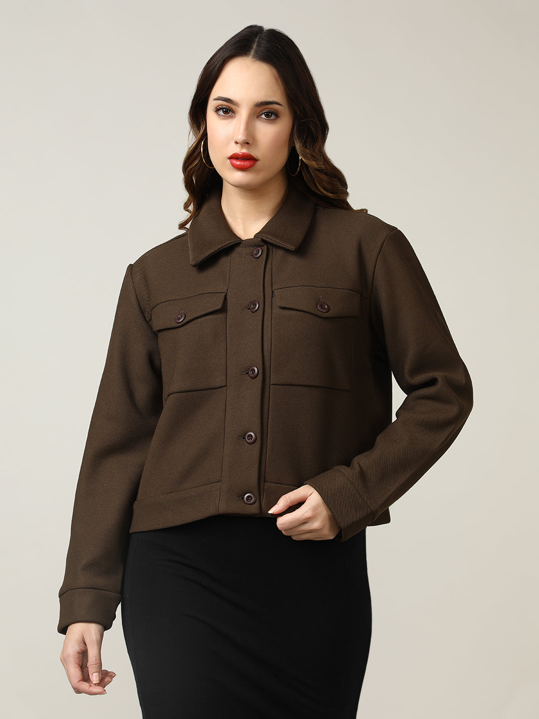 Women's Brown Button-Up Stretchable Knitted Shacket