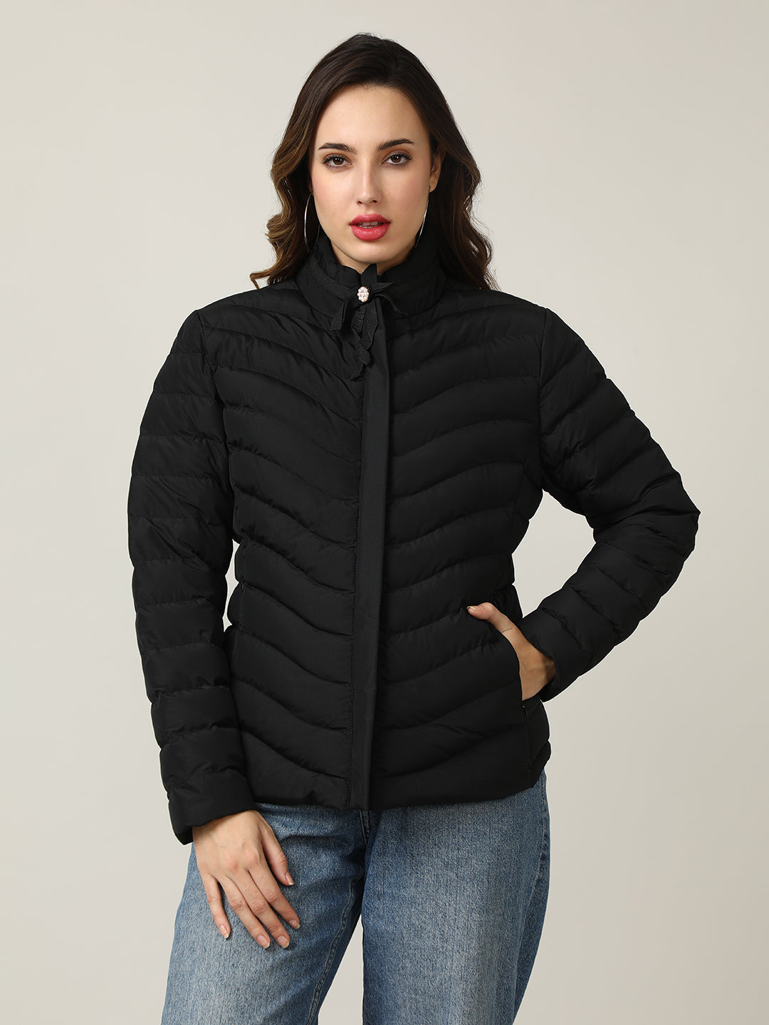 Stylish black Puffer Jacket with Bow Detail