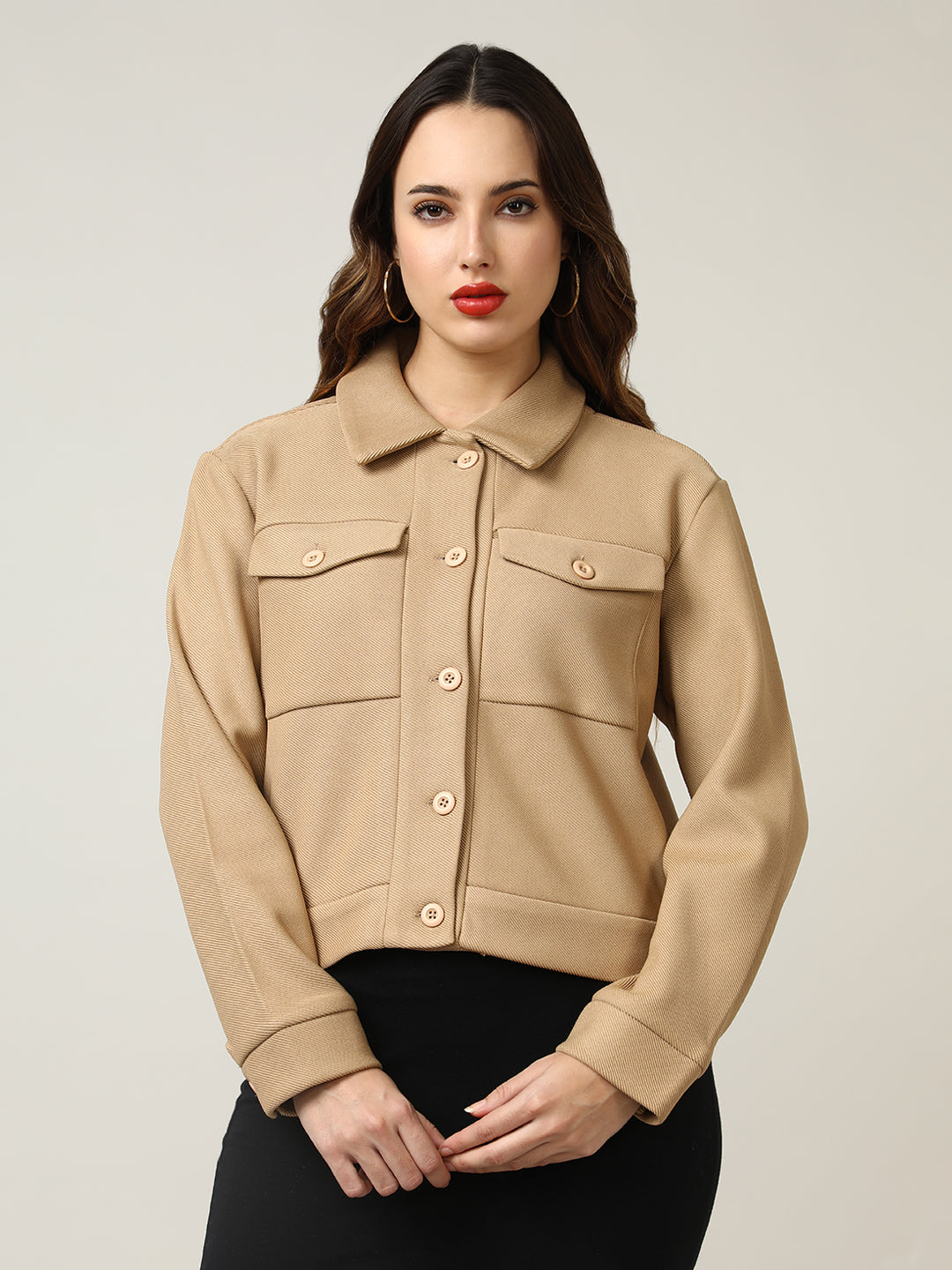 Women's Camel Button-Up Stretchable Knitted Shacket