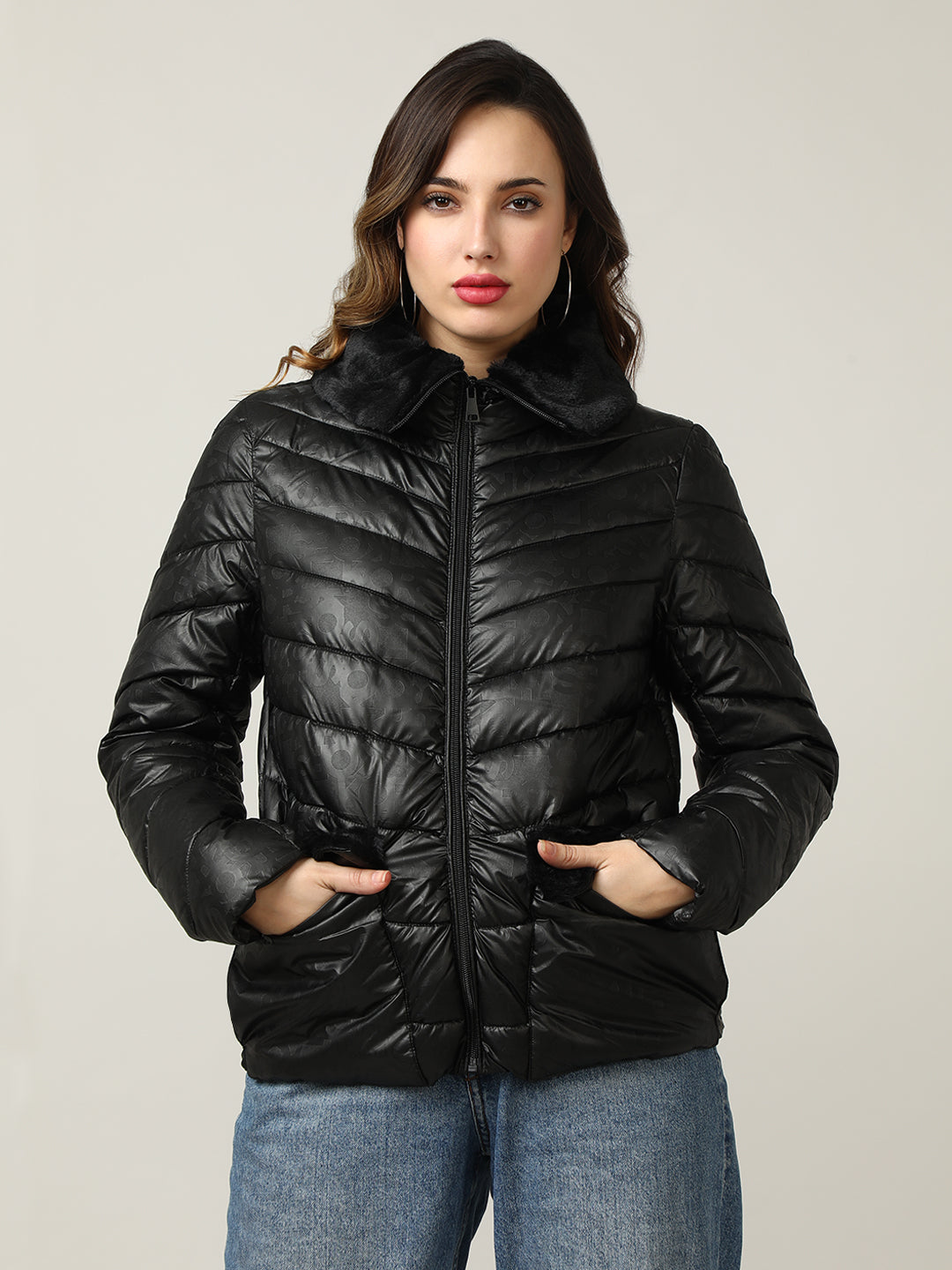 Women's Black Quilted Puffer Jacket with Faux Fur Collar