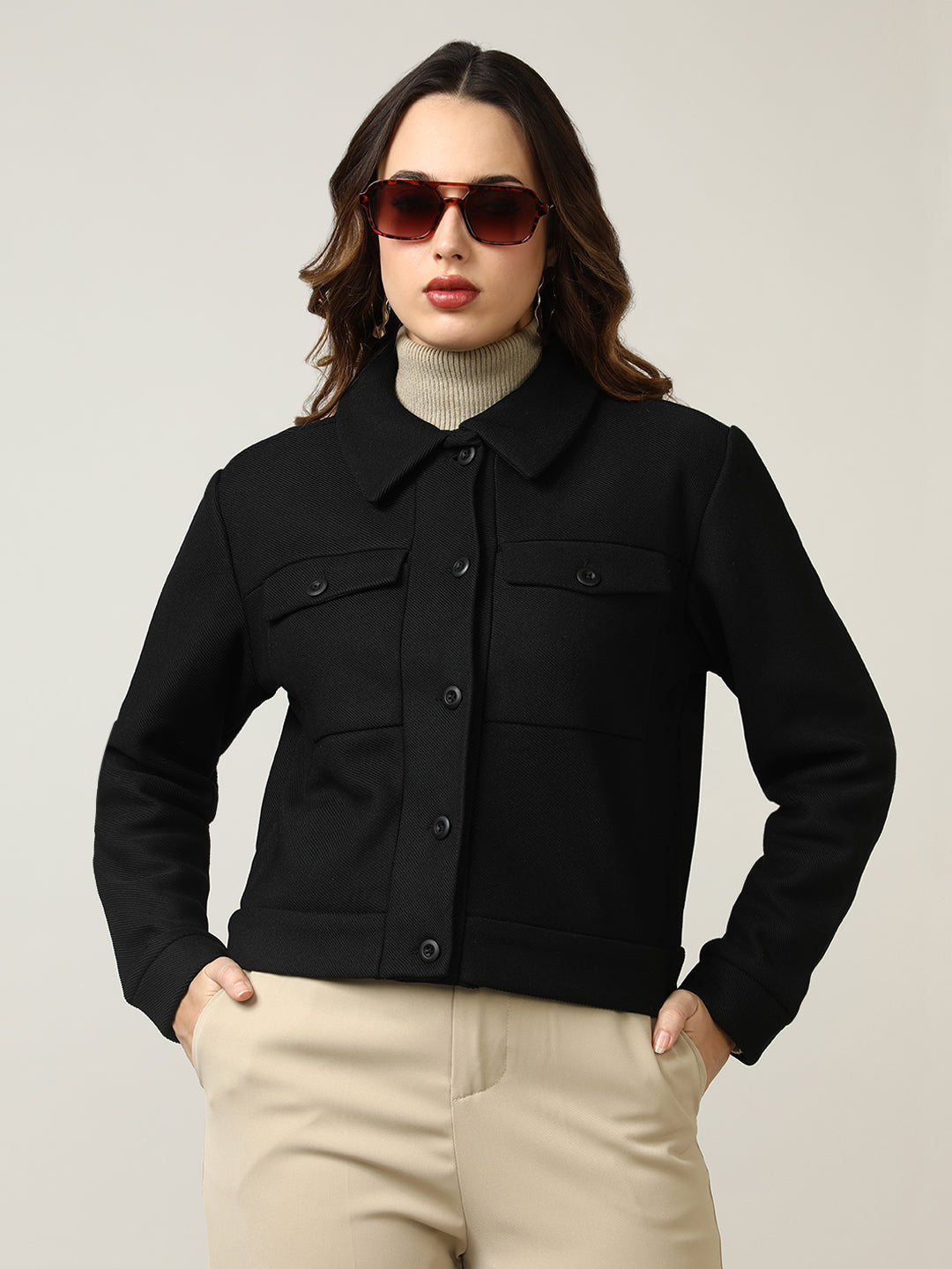 Women's Black Button-Up Stretchable Knitted Shacket