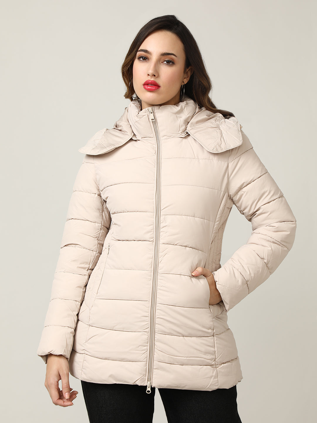 Women's Beige Padded Hooded Jacket