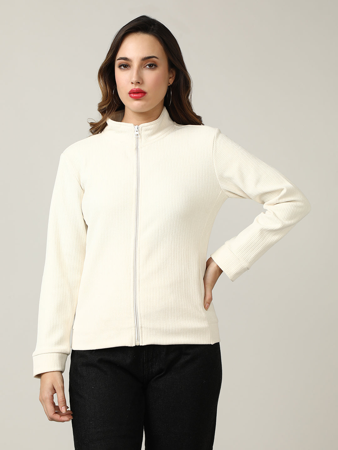 Classic Ecru Ribbed Full-Zip Jacket