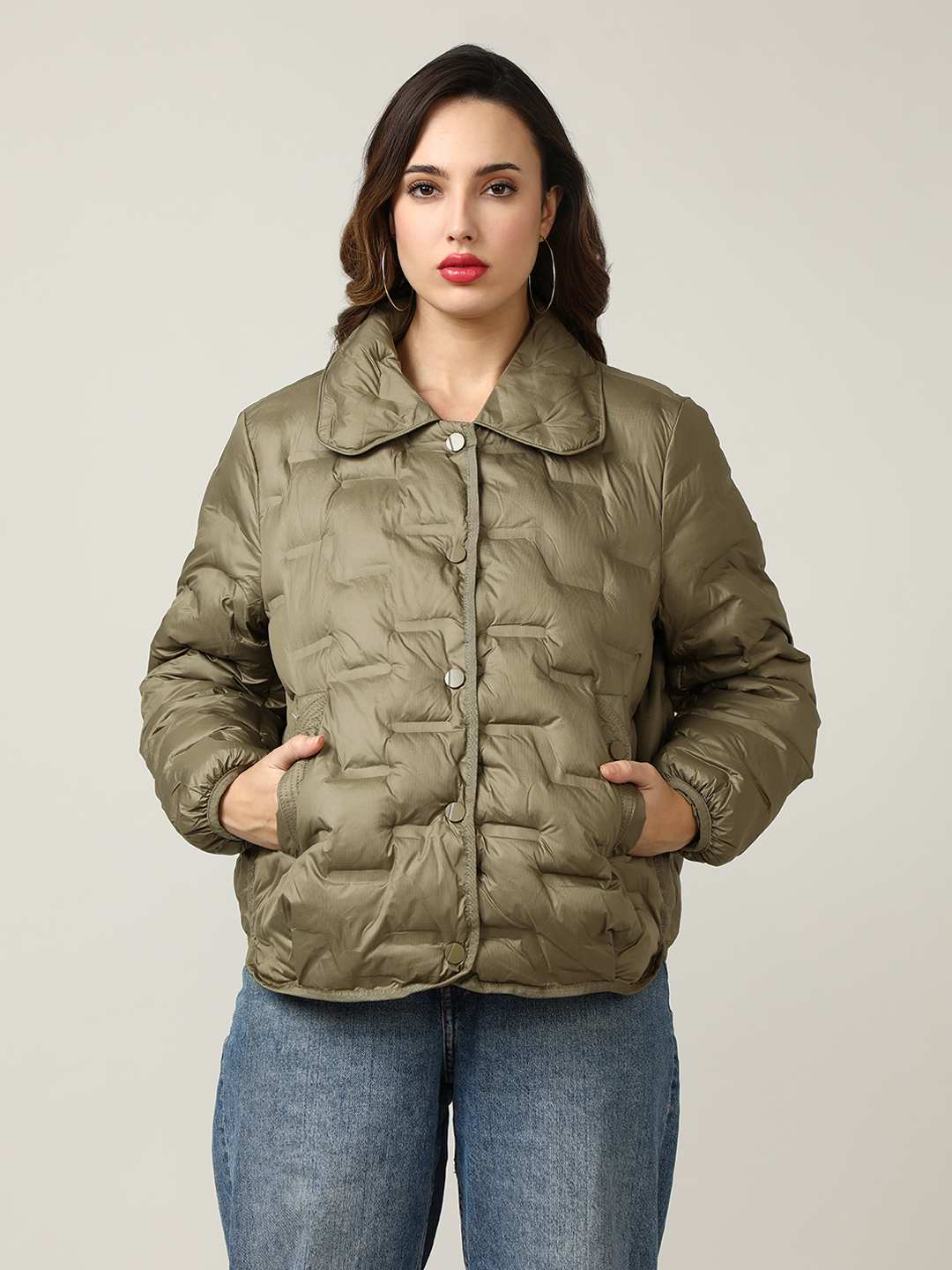 Stylish Olive Button-Up Puffer Jacket