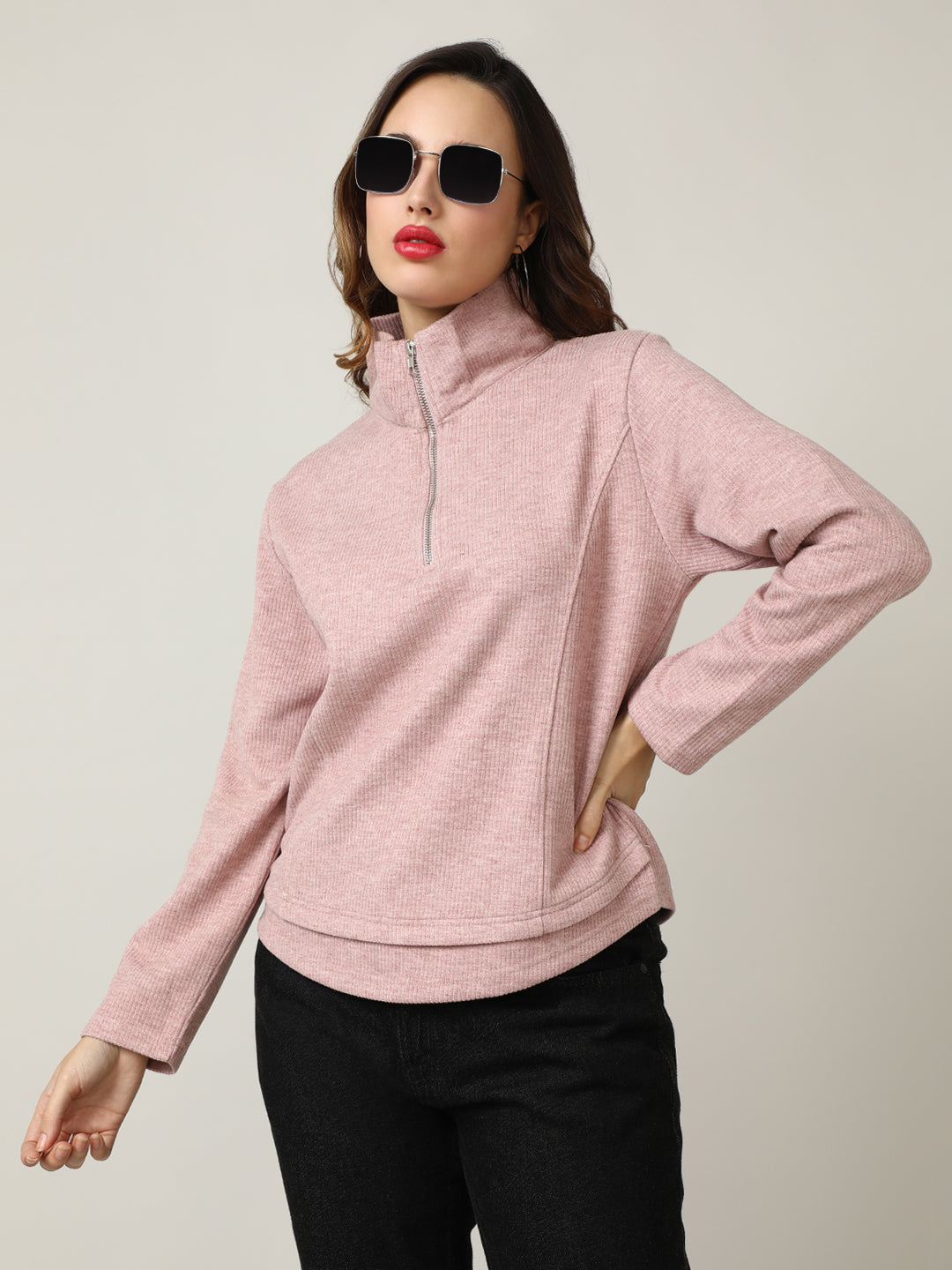 Ribbed Pink Half-Zip Pullover Sweatshirt
