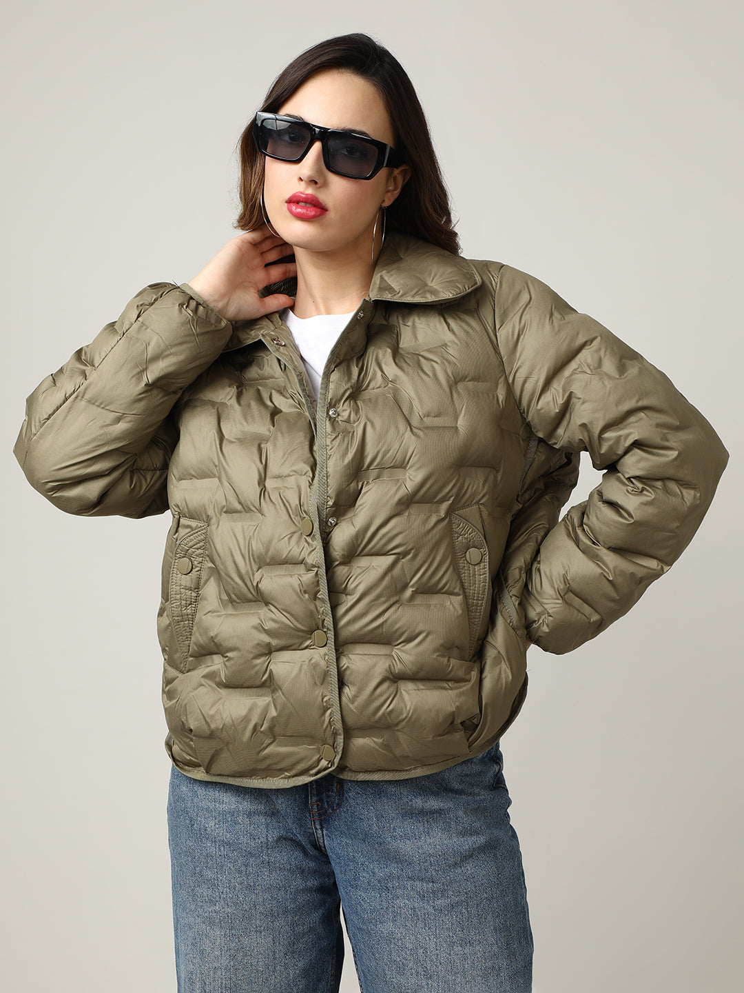 Stylish Olive Button-Up Puffer Jacket