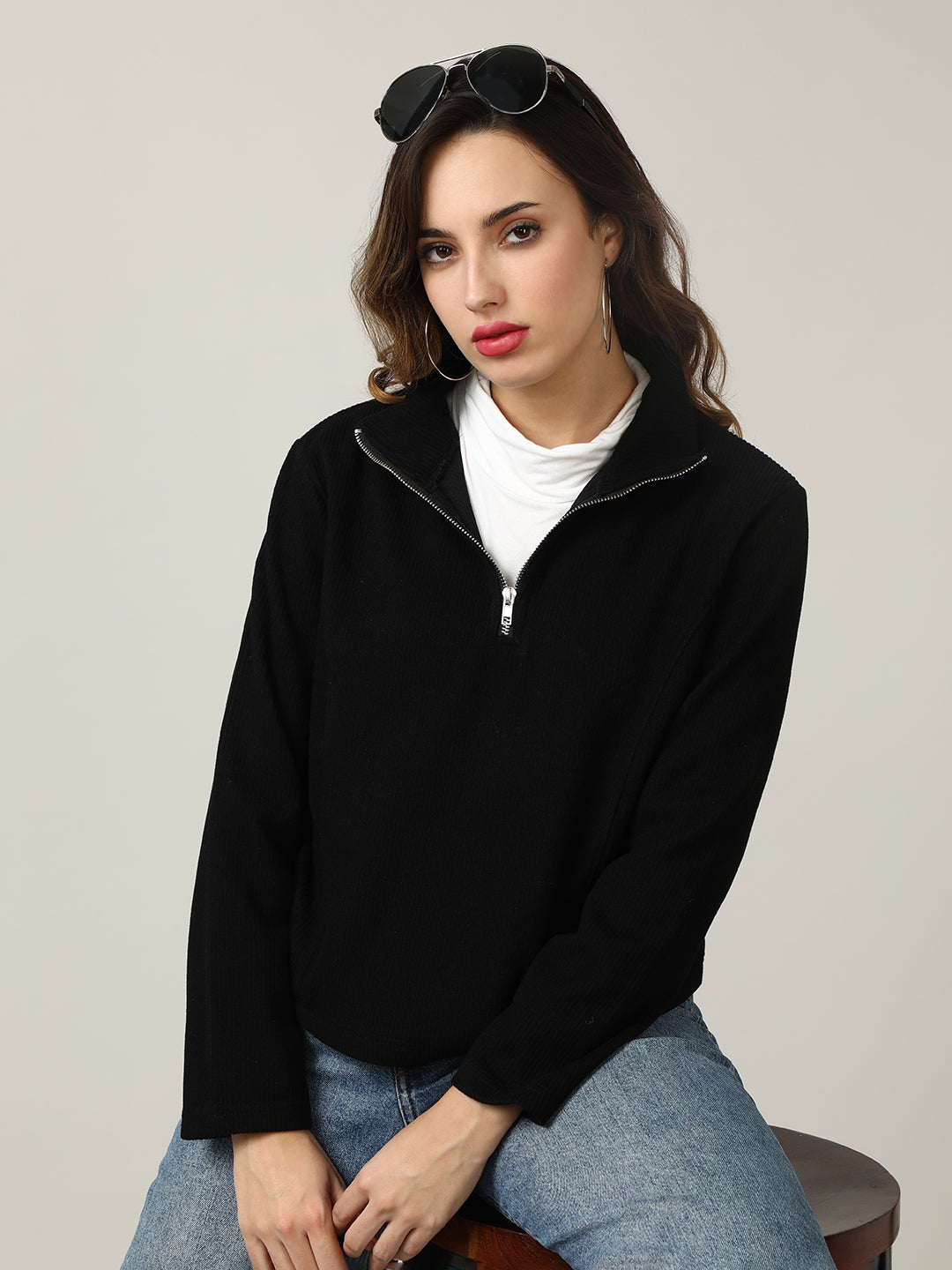 Ribbed Black Half-Zip Pullover Sweatshirt