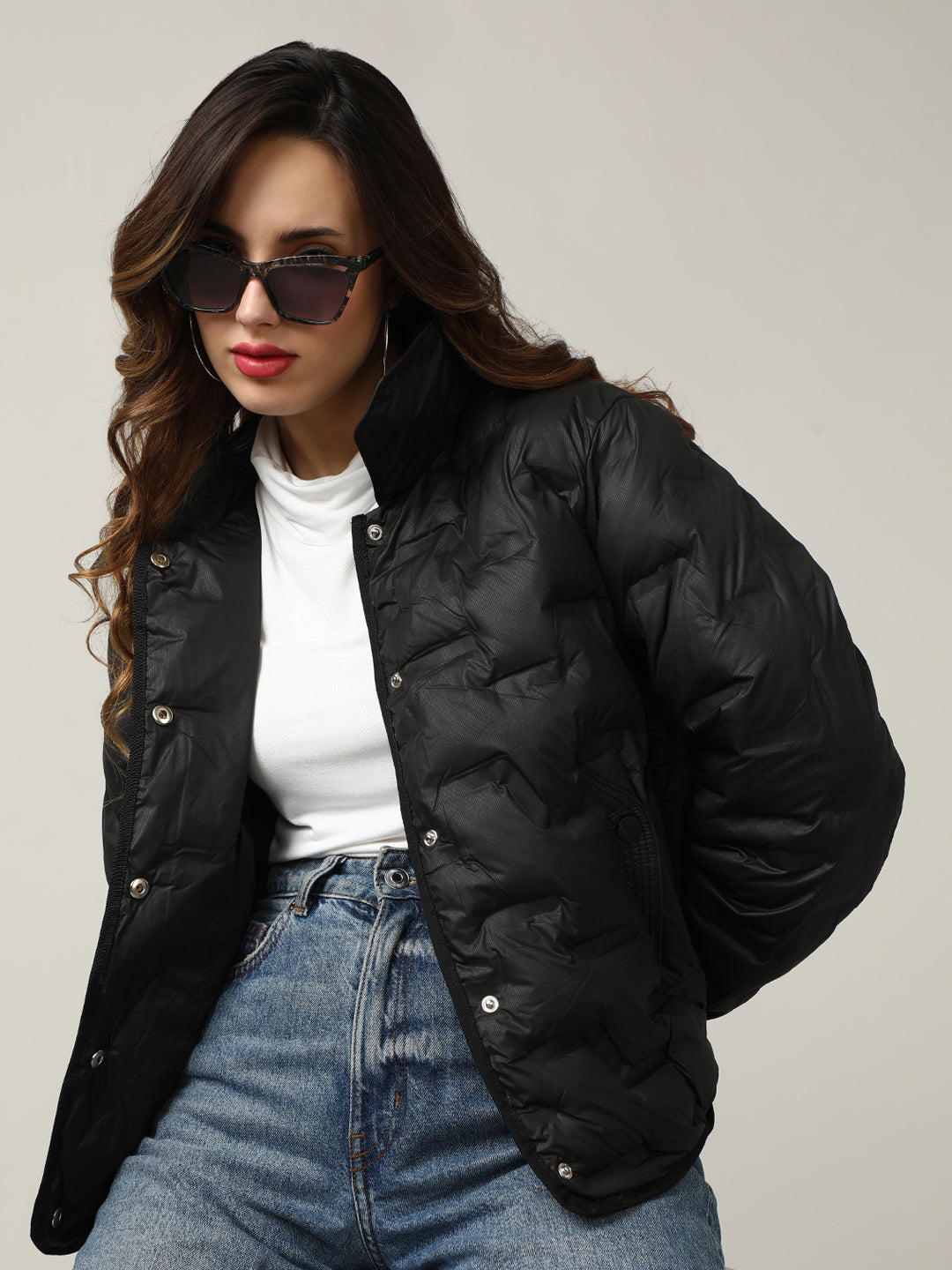 Stylish Black Button-Up Puffer Jacket