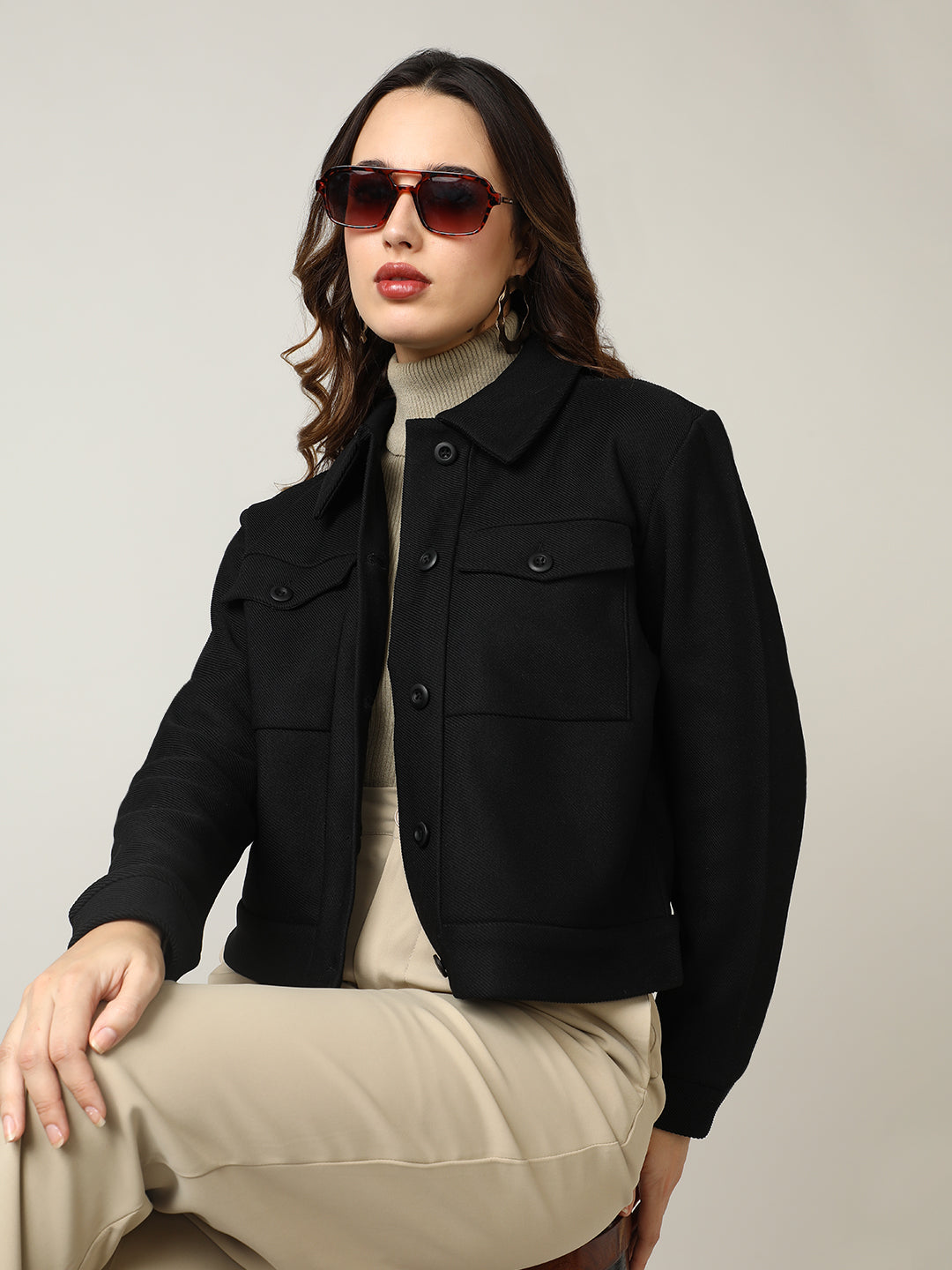 Women's Black Button-Up Stretchable Knitted Shacket