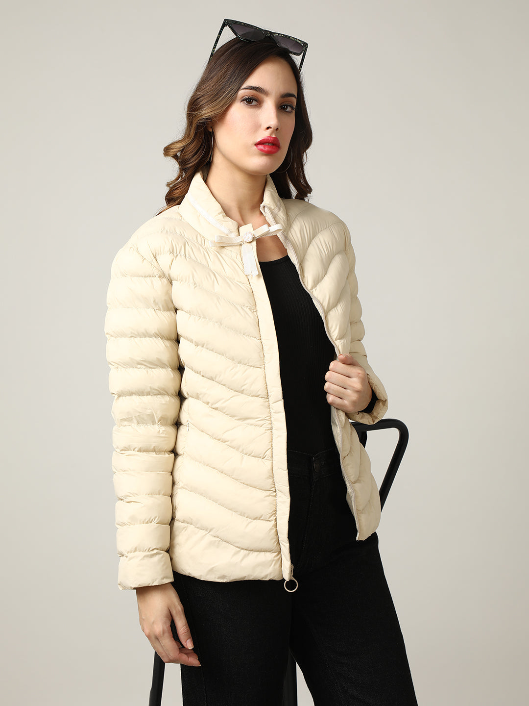 Stylish Cream Puffer Jacket with Bow Detail