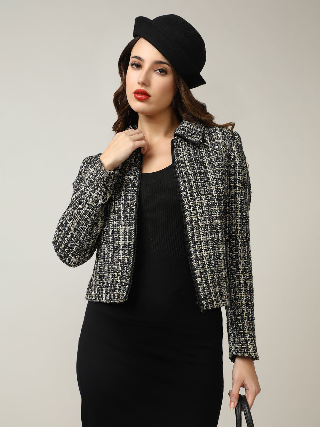 Women's Black Classic Zip-Up Tweed Jacket
