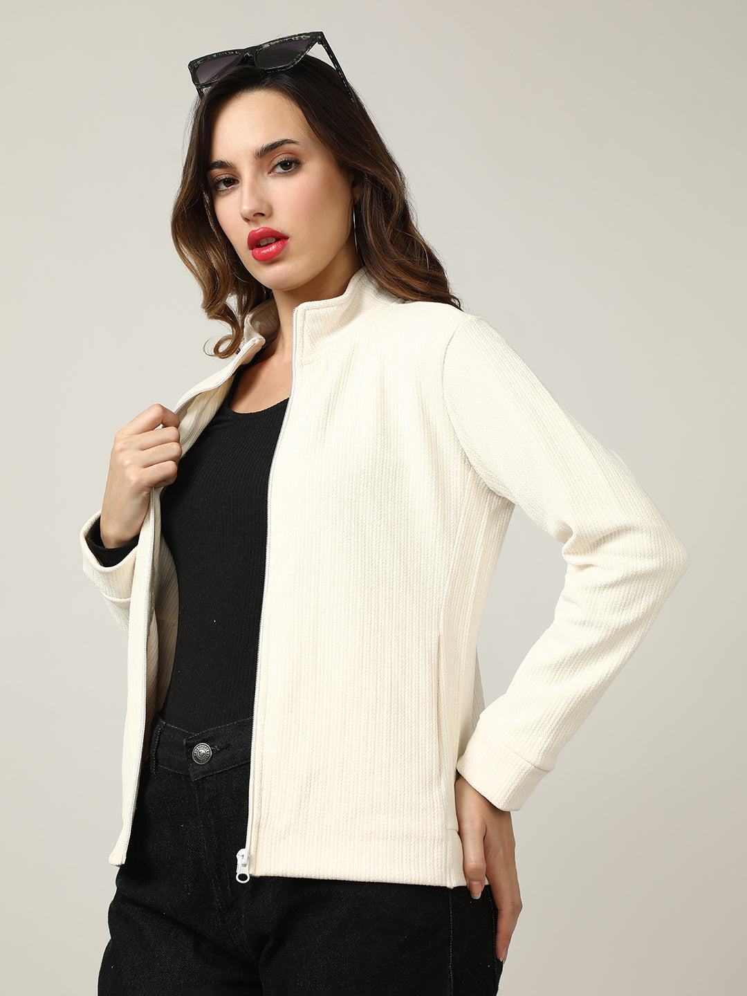Classic Ecru Ribbed Full-Zip Jacket