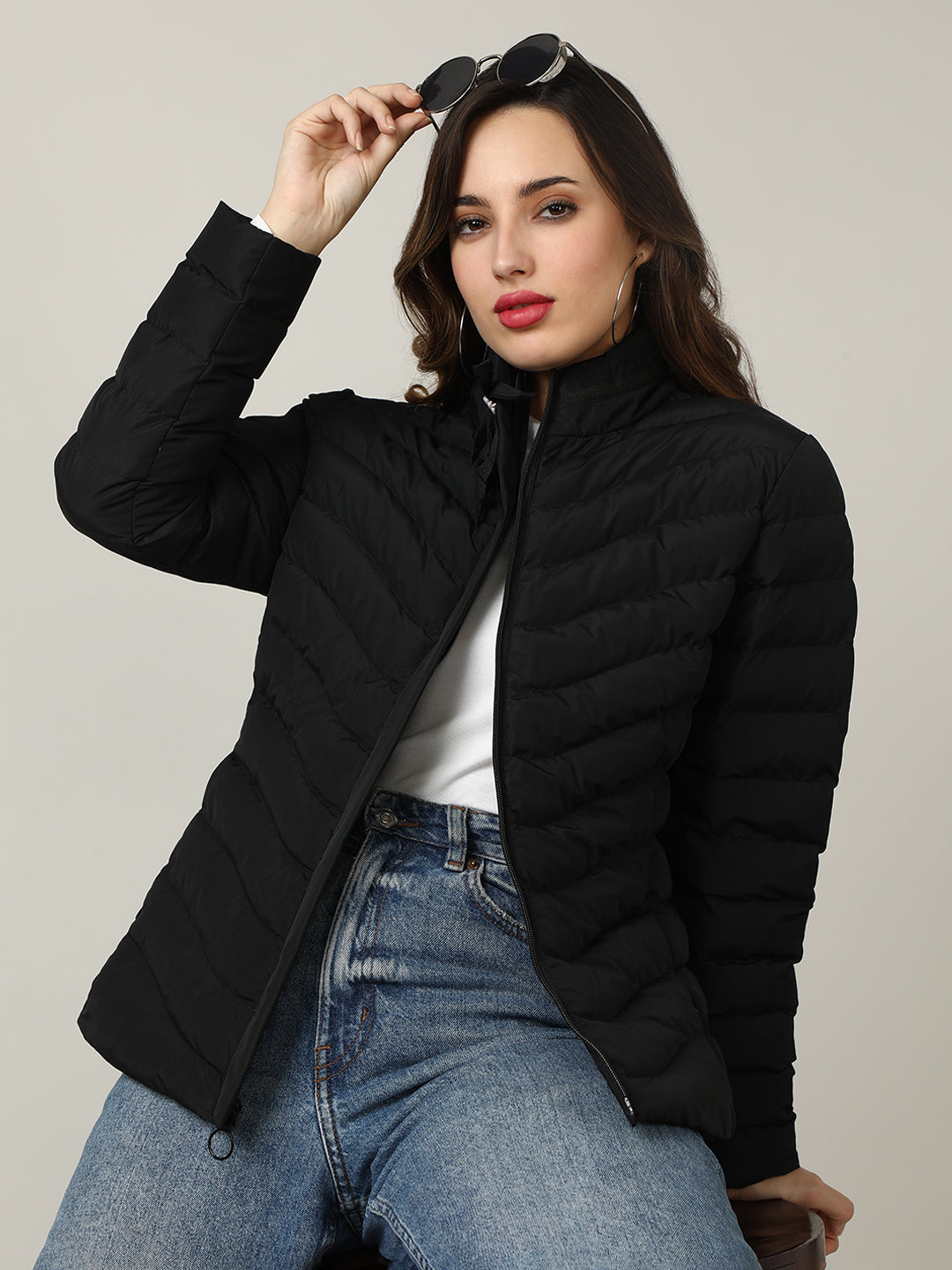 Stylish black Puffer Jacket with Bow Detail