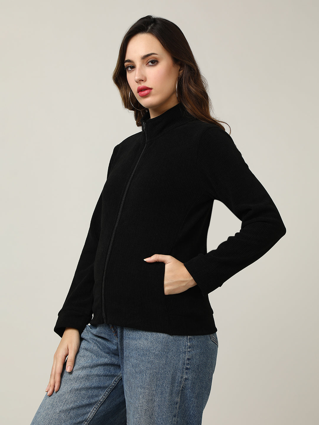 Classic Black Ribbed Full-Zip Jacket