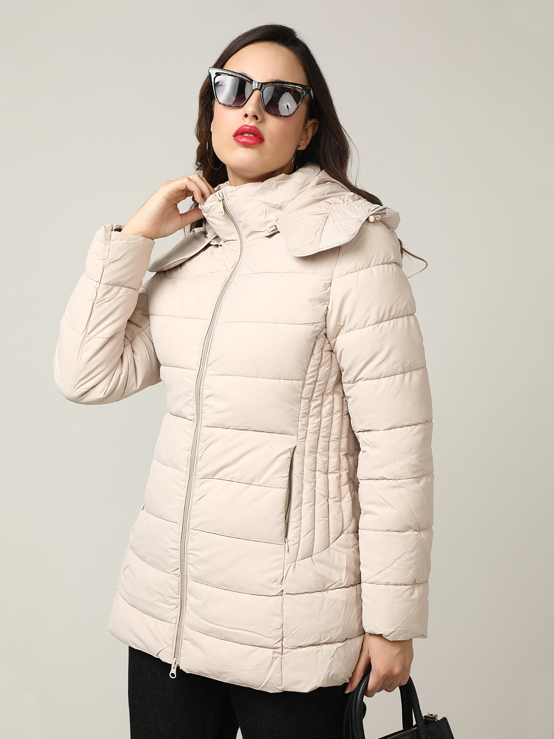Women's Beige Padded Hooded Jacket