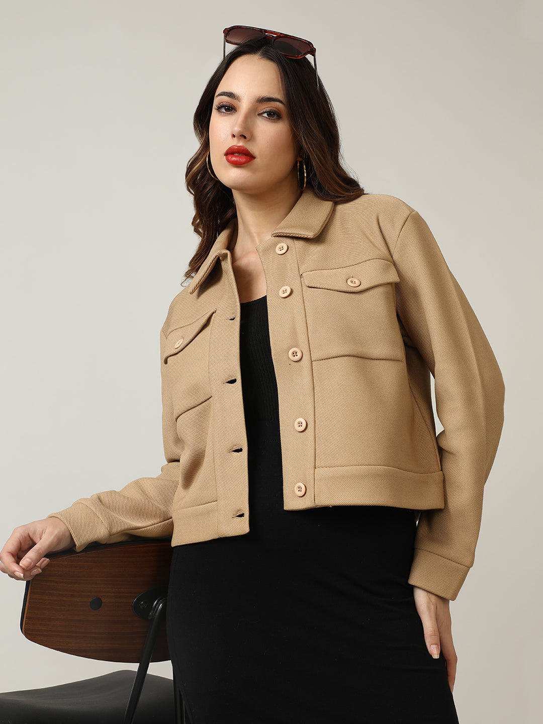 Women's Camel Button-Up Stretchable Knitted Shacket