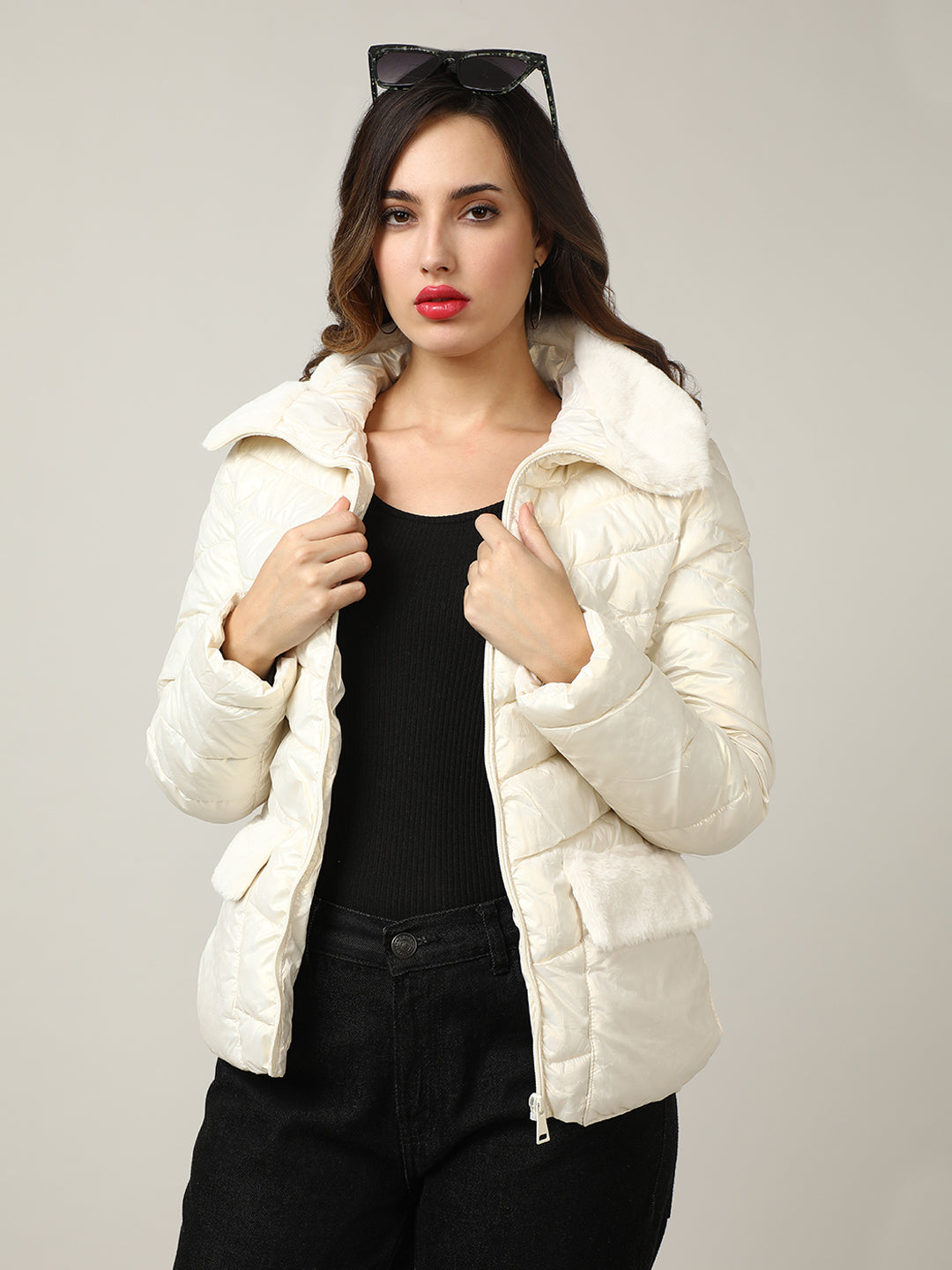 Women's Cream Quilted Puffer Jacket with Faux Fur Collar
