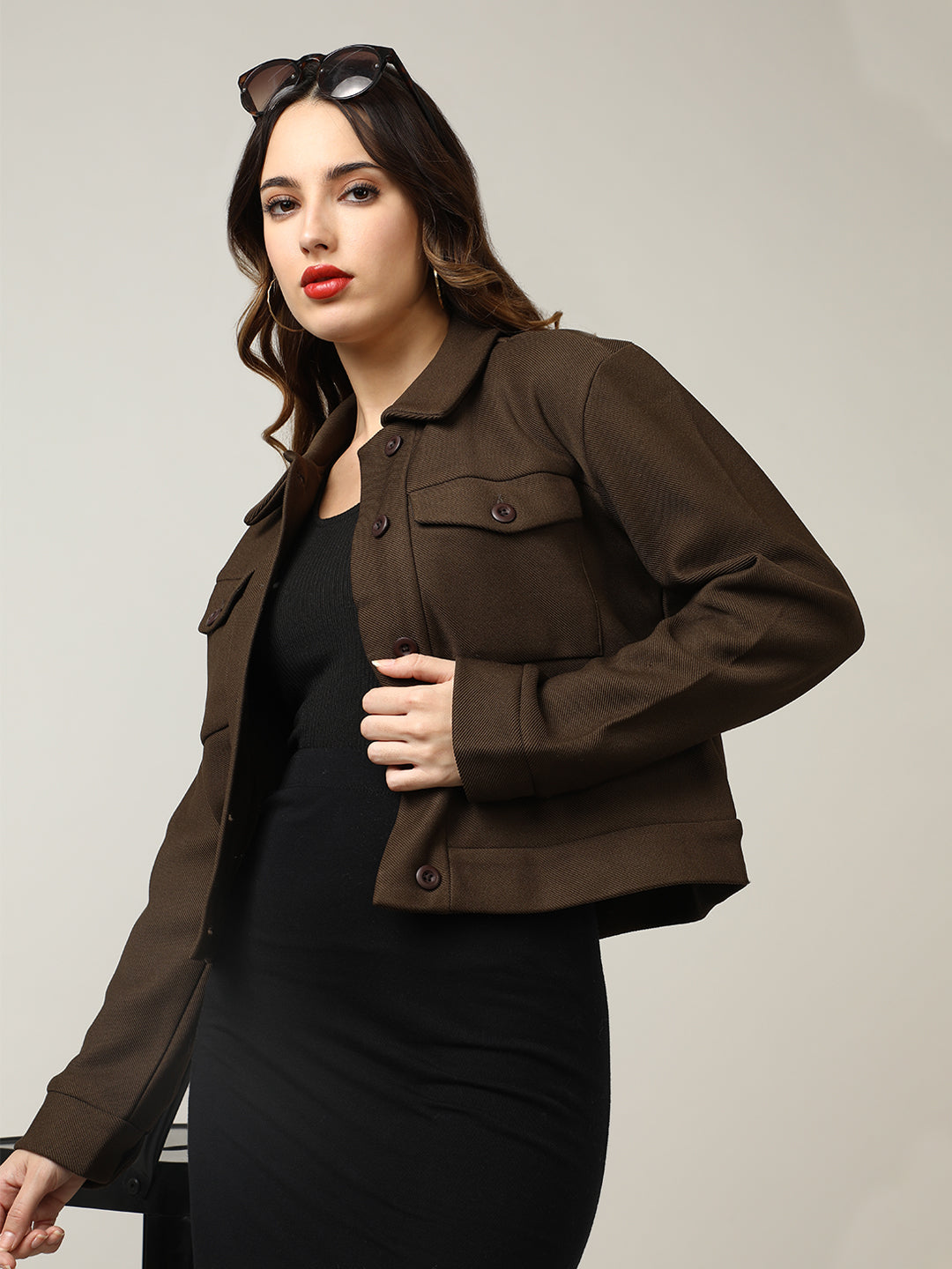 Women's Brown Button-Up Stretchable Knitted Shacket