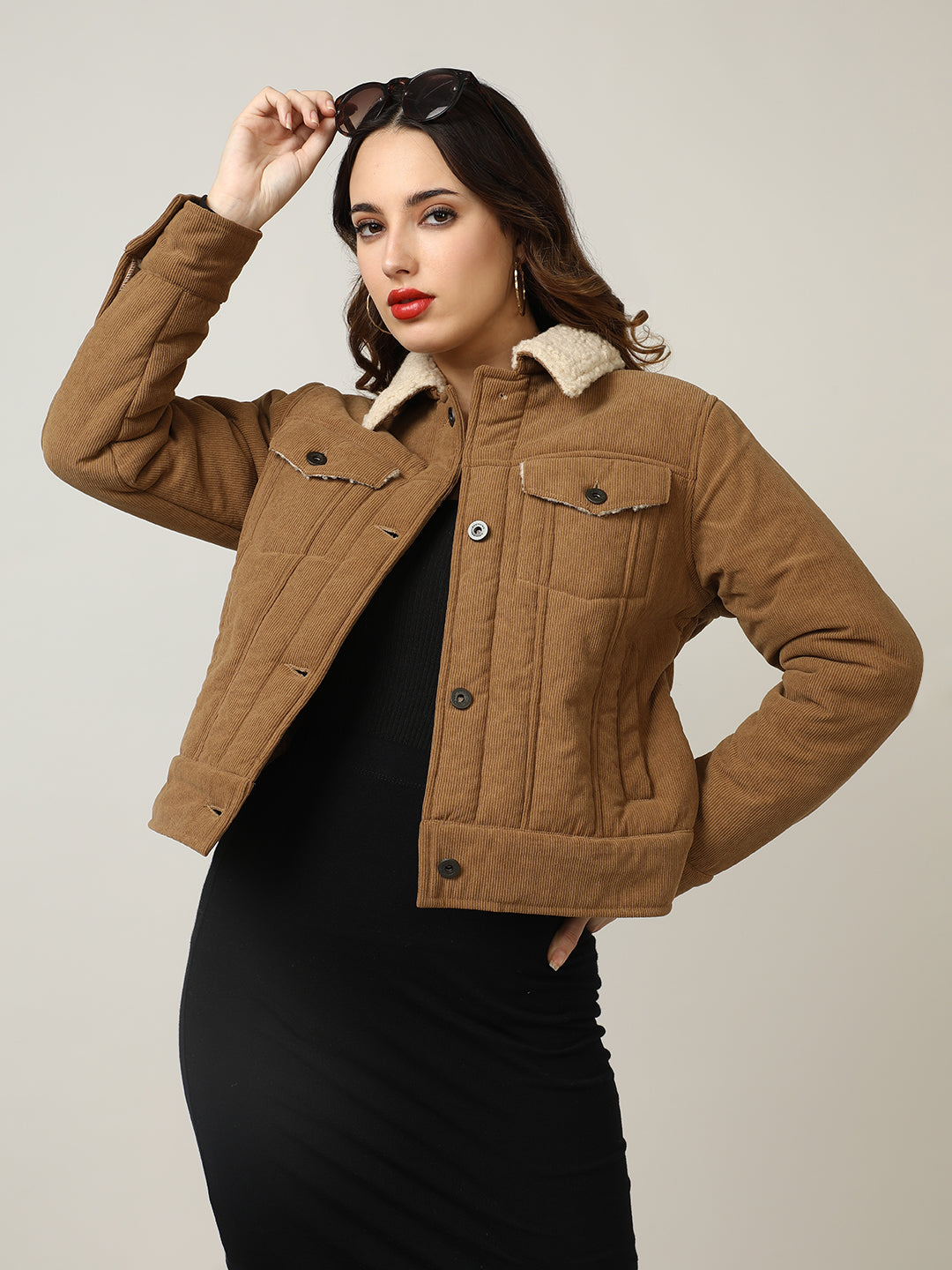 Cozy Camel Corduroy Jacket with Shearling Collar