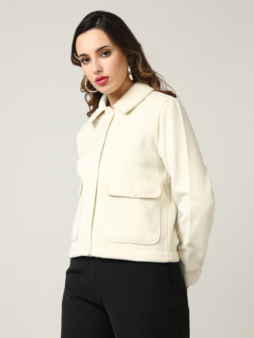 Women's Cream Button-Up Tweed Shacket