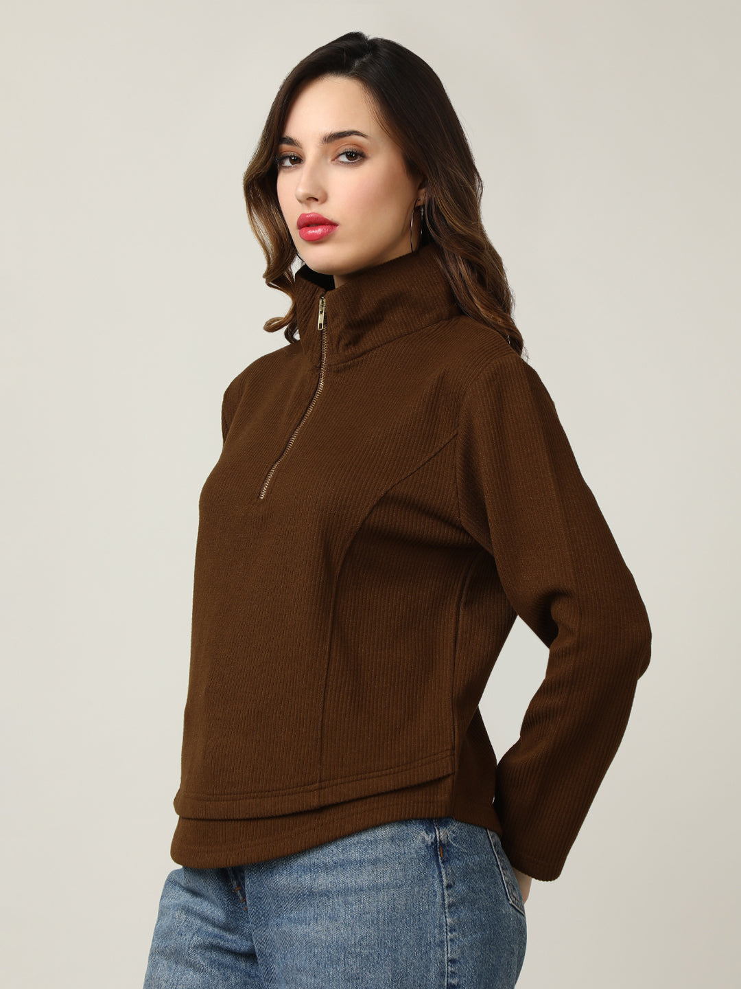Ribbed Brown Half-Zip Pullover Sweatshirt