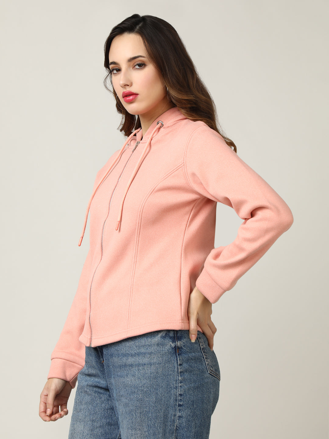 Women's Peach Full-Zip Fleece Hoodie Sweatshirt