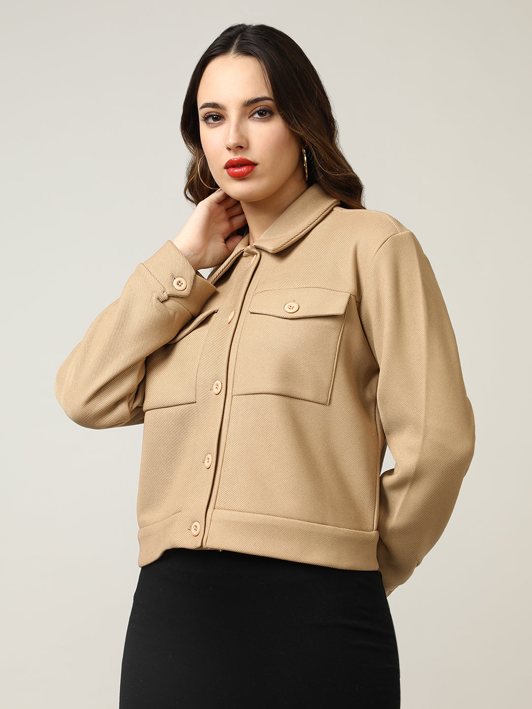 Women's Camel Button-Up Stretchable Knitted Shacket
