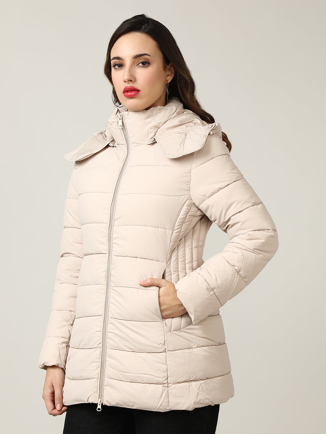 Women's Beige Padded Hooded Jacket