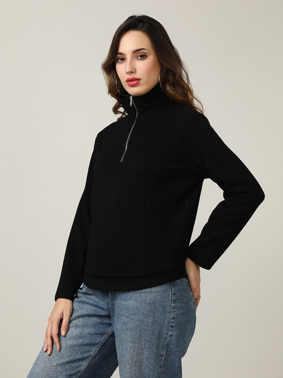Ribbed Black Half-Zip Pullover Sweatshirt