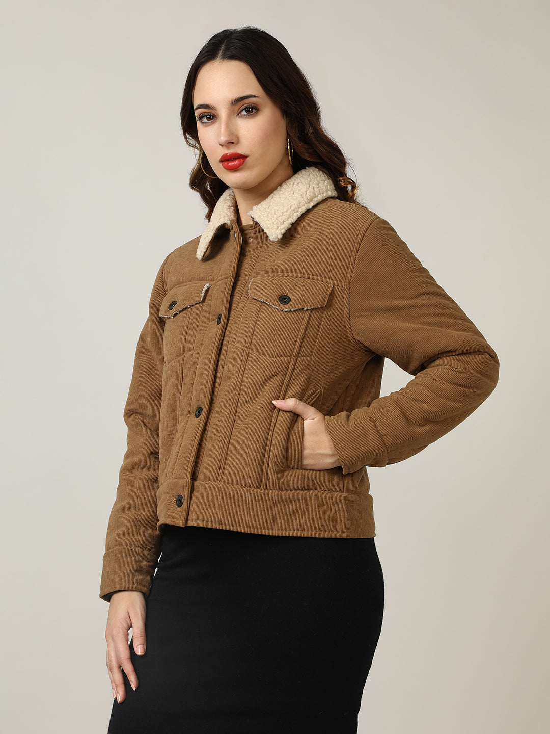 Cozy Camel Corduroy Jacket with Shearling Collar