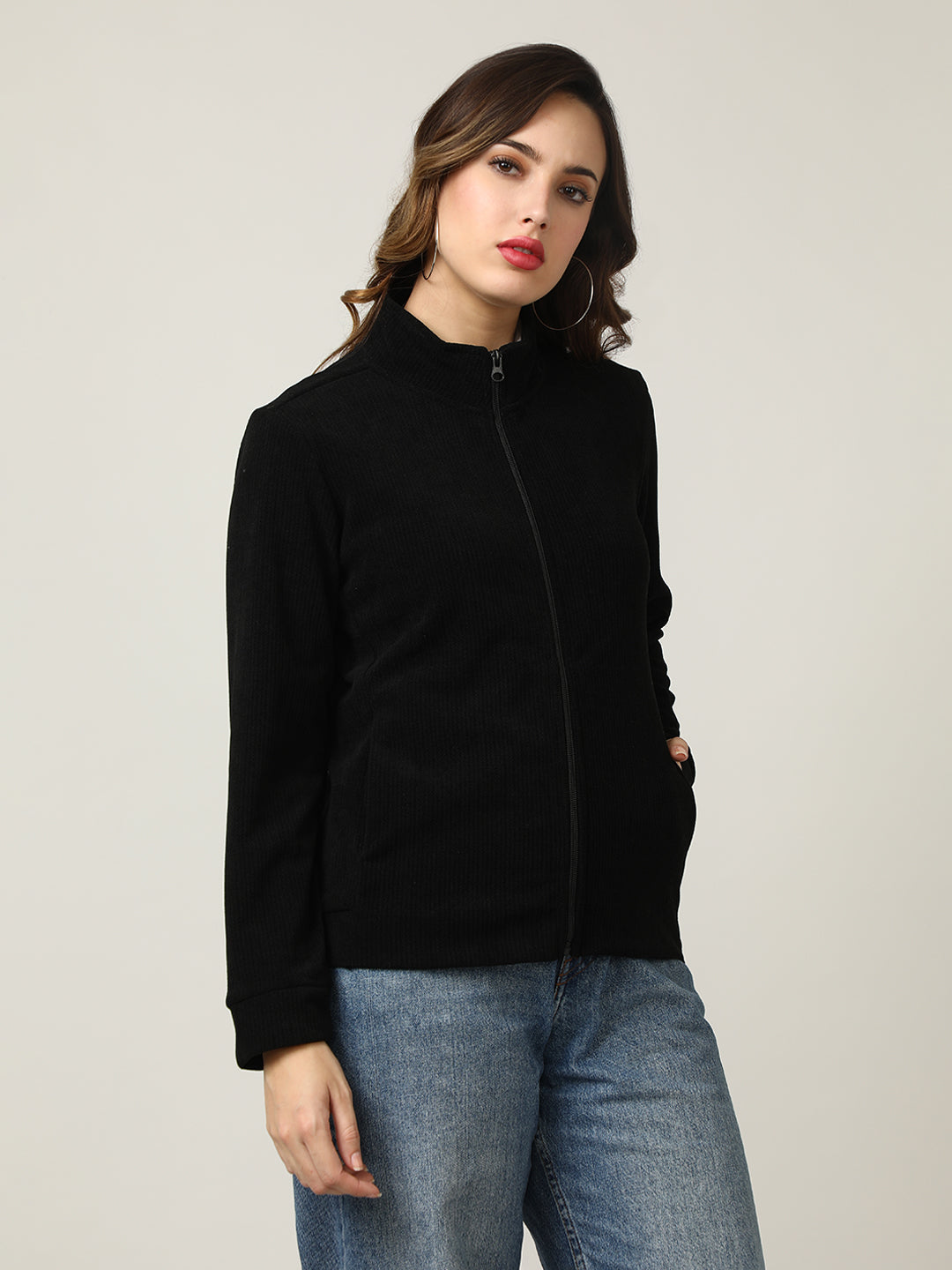 Classic Black Ribbed Full-Zip Jacket