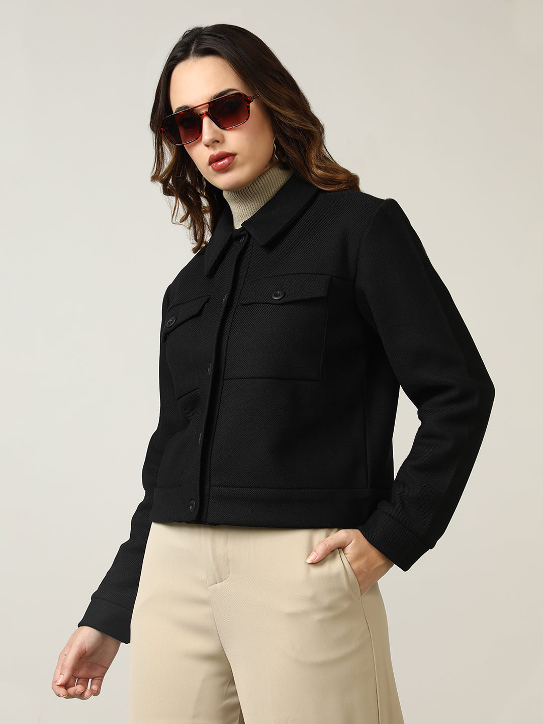 Women's Black Button-Up Stretchable Knitted Shacket