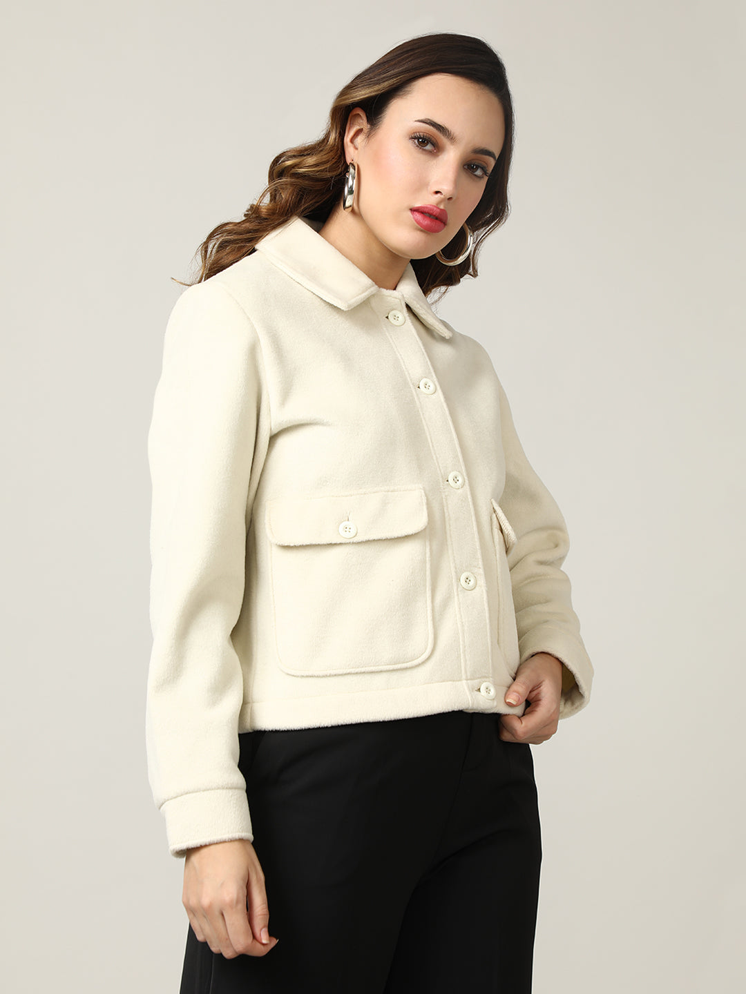 Women's Cream Button-Up Tweed Shacket