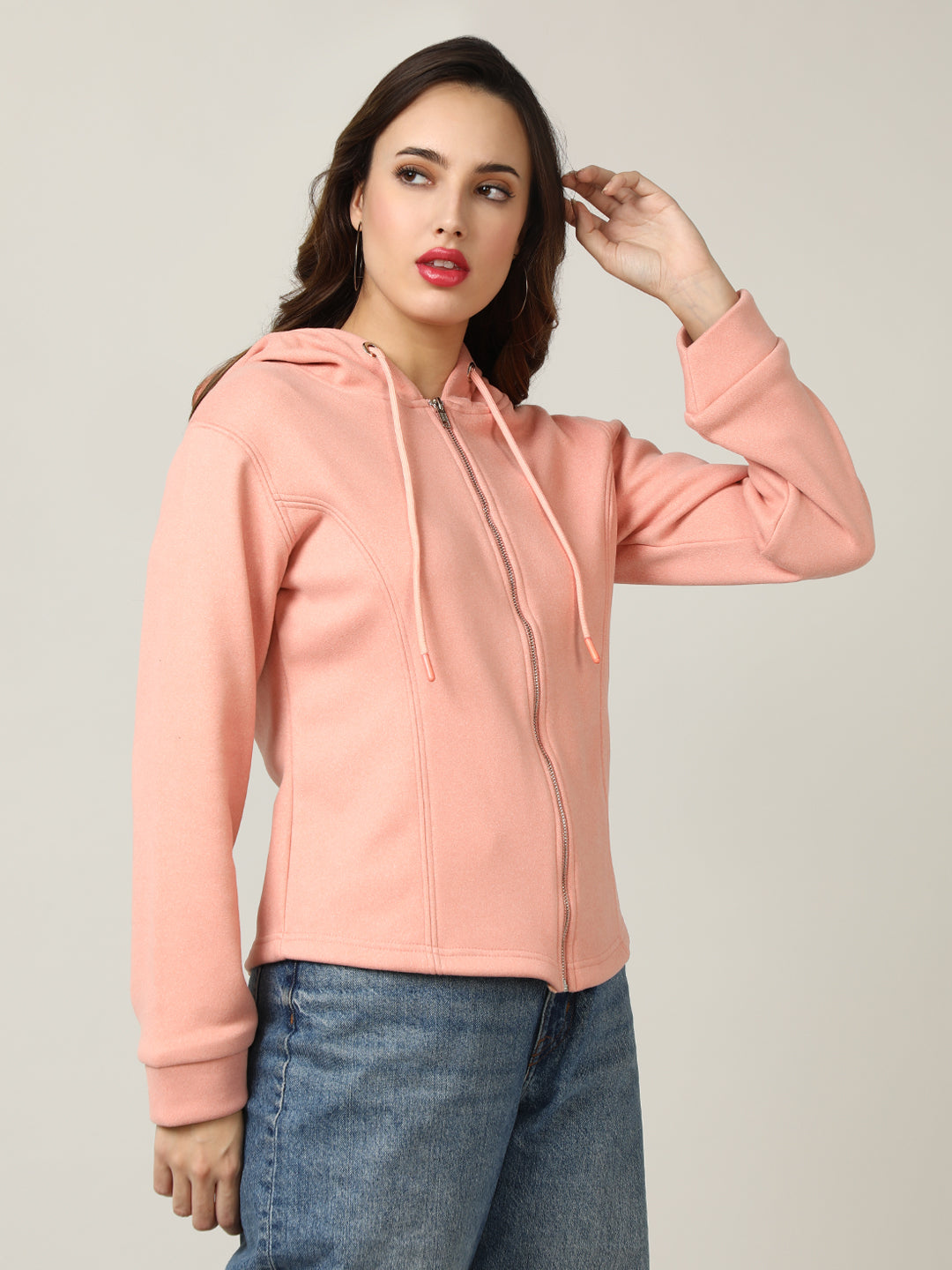 Women's Peach Full-Zip Fleece Hoodie Sweatshirt