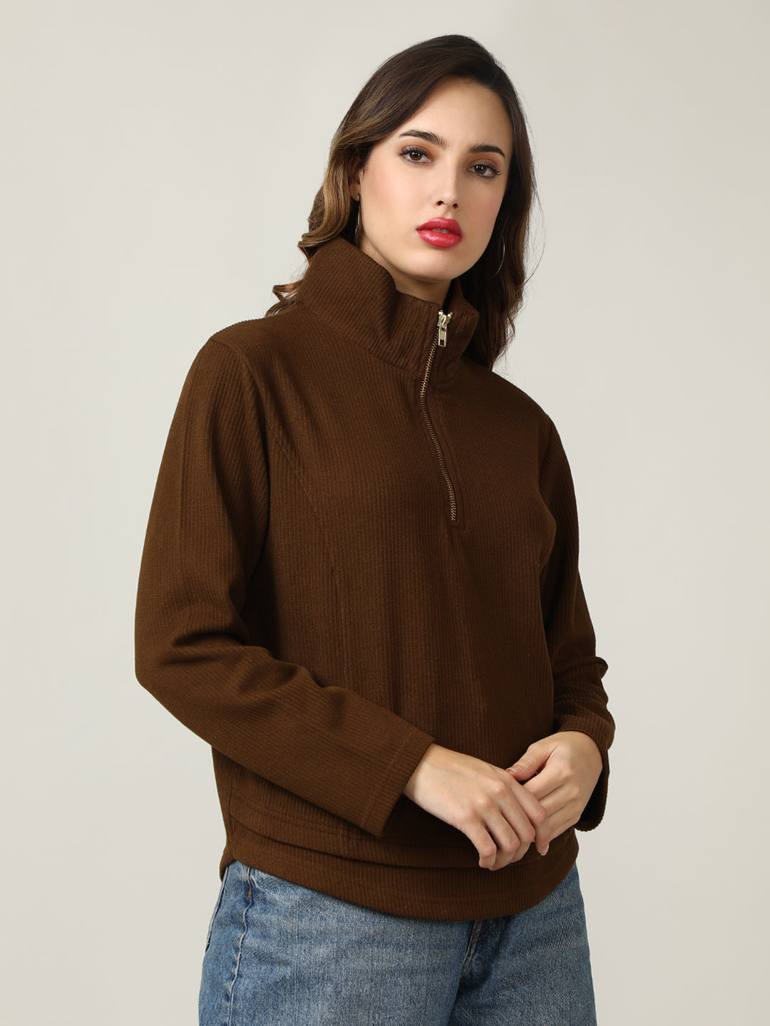 Ribbed Brown Half-Zip Pullover Sweatshirt