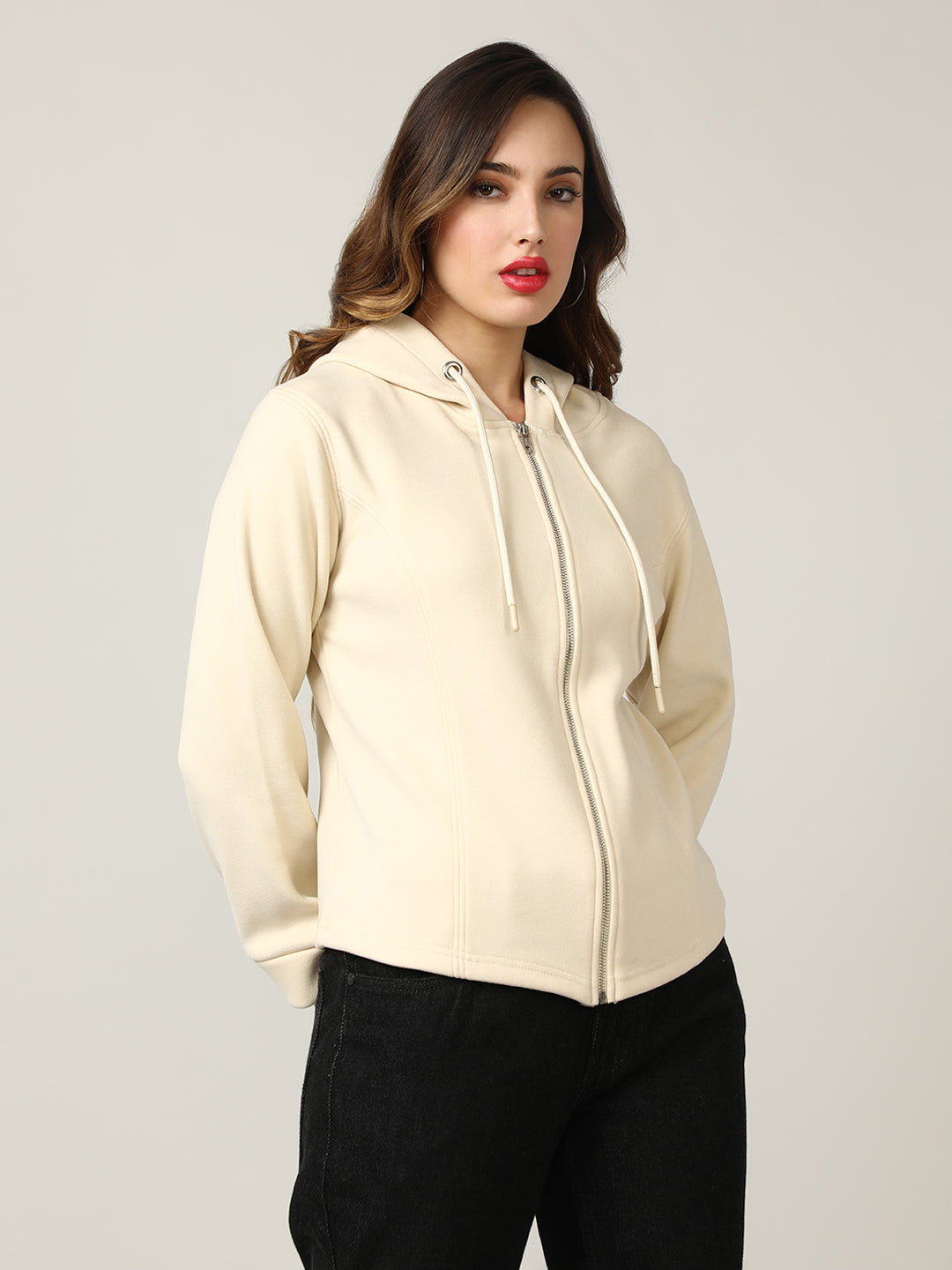 Women's Beige Full-Zip Fleece Hoodie Sweatshirt