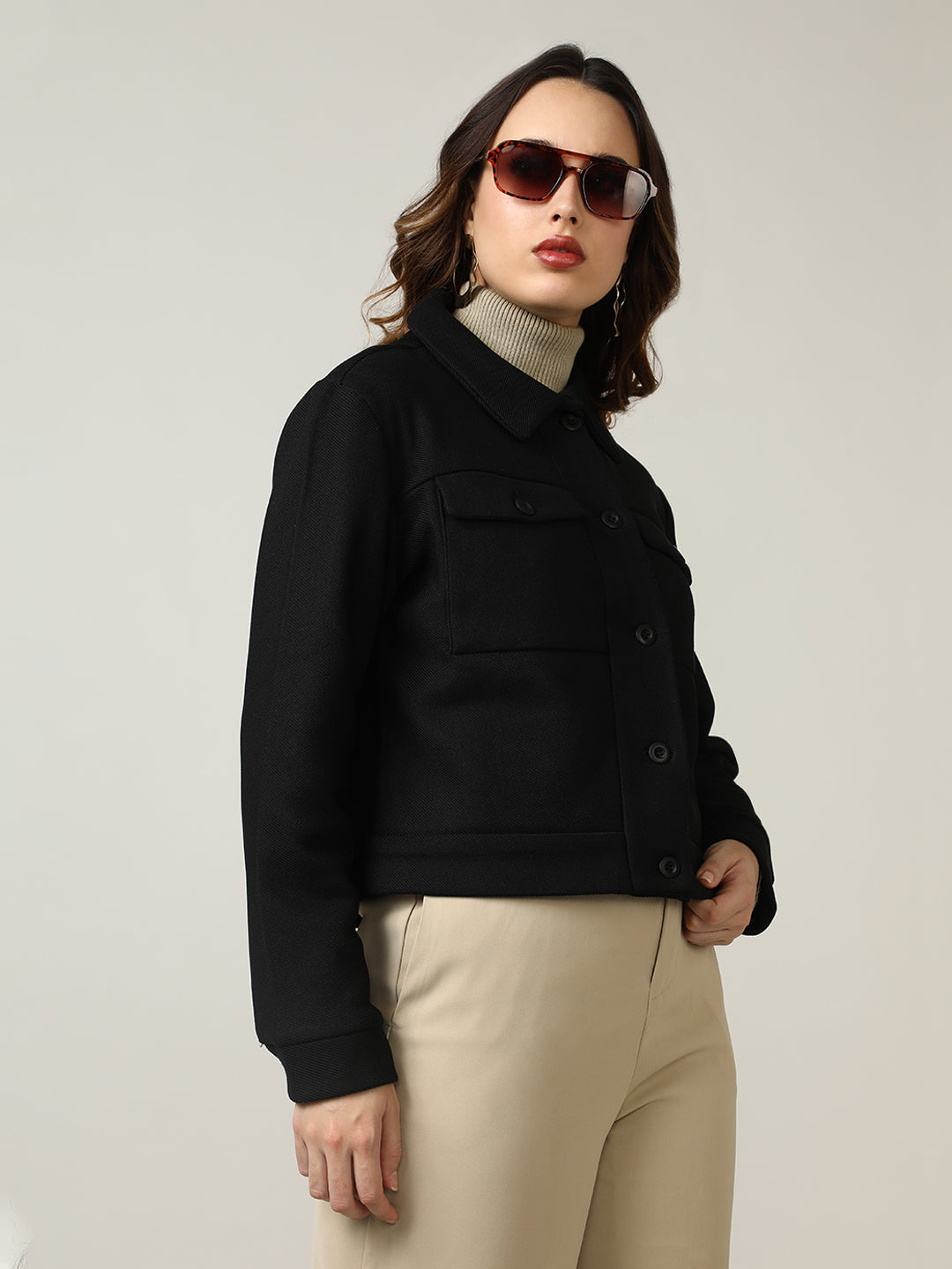Women's Black Button-Up Stretchable Knitted Shacket