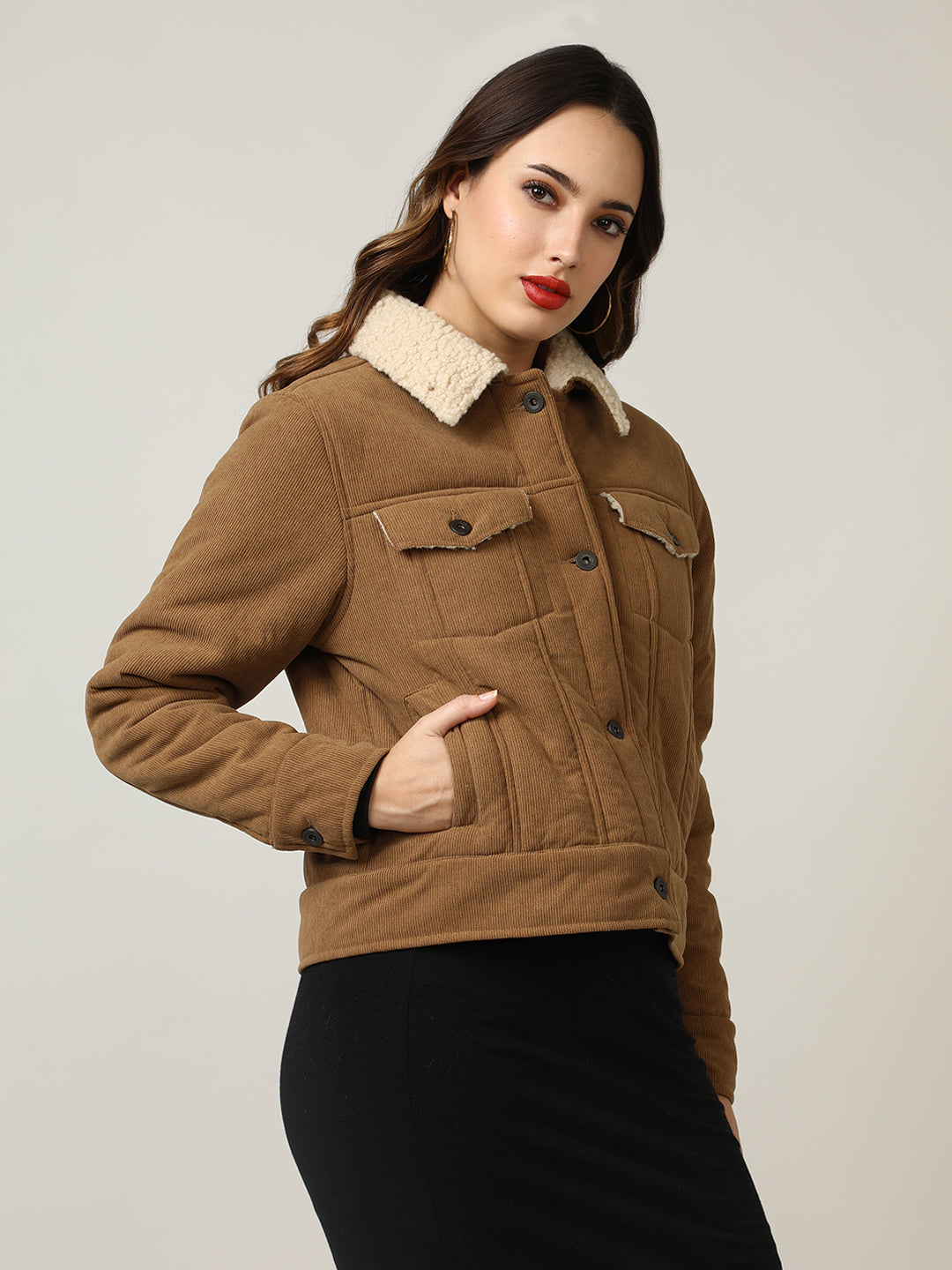 Cozy Camel Corduroy Jacket with Shearling Collar