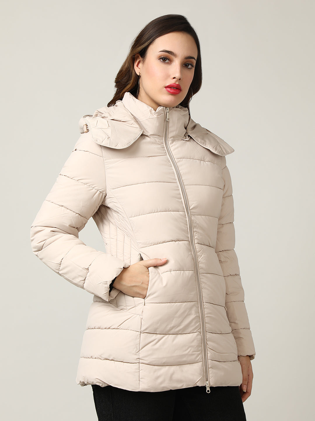 Women's Beige Padded Hooded Jacket