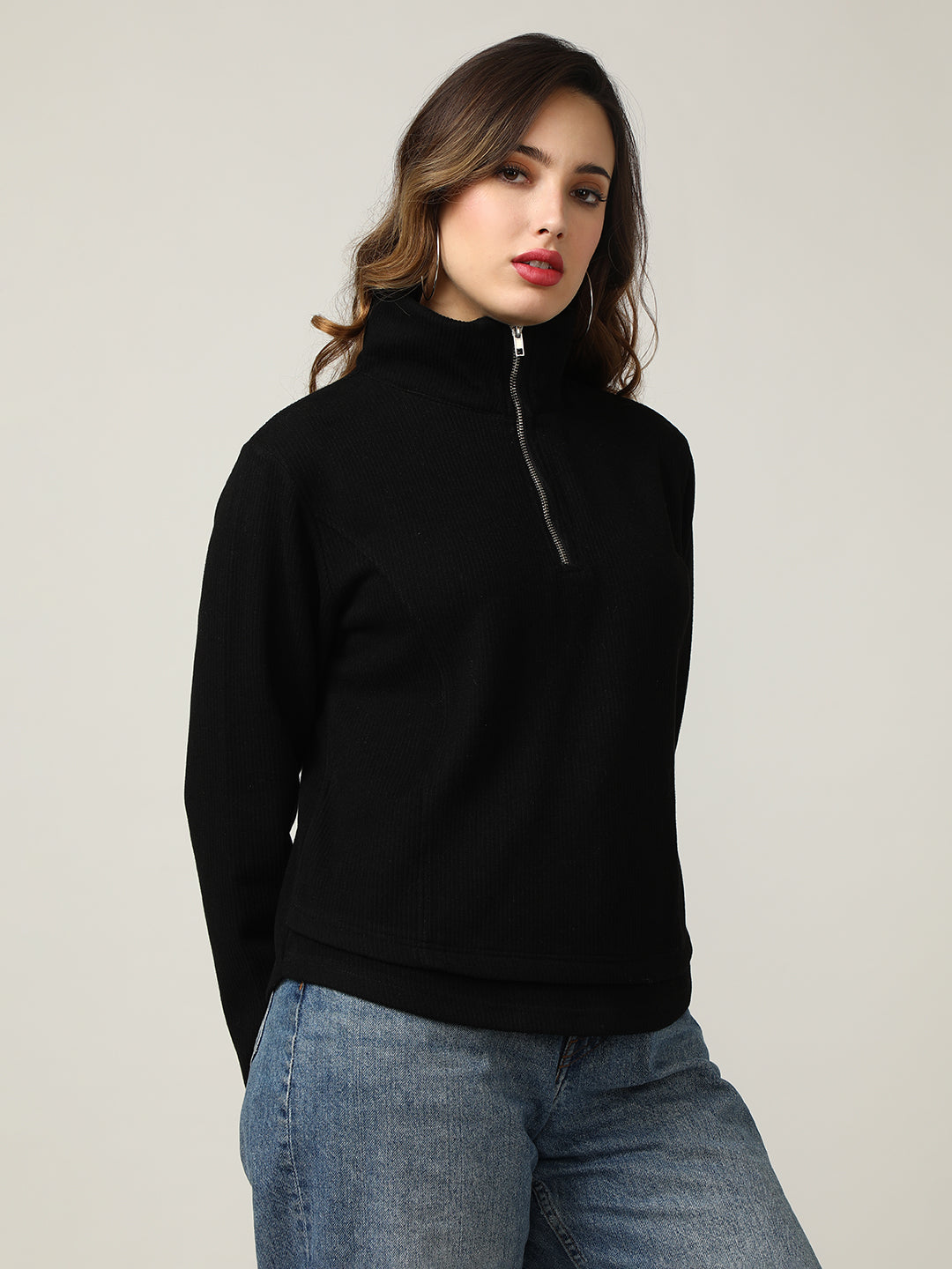 Ribbed Black Half-Zip Pullover Sweatshirt