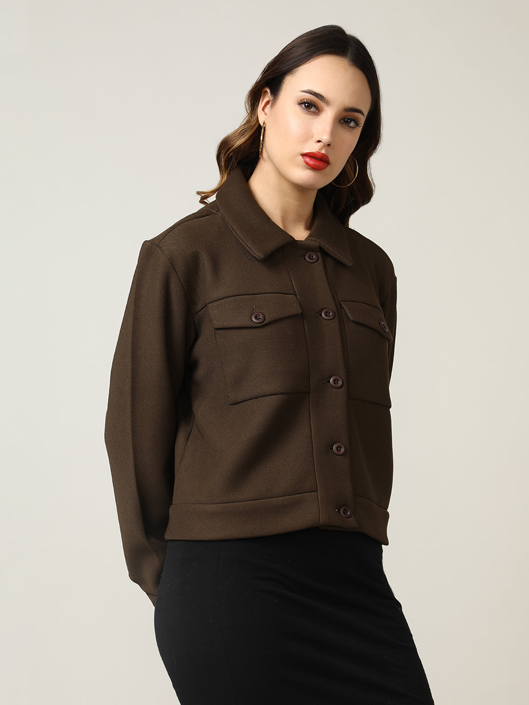 Women's Brown Button-Up Stretchable Knitted Shacket