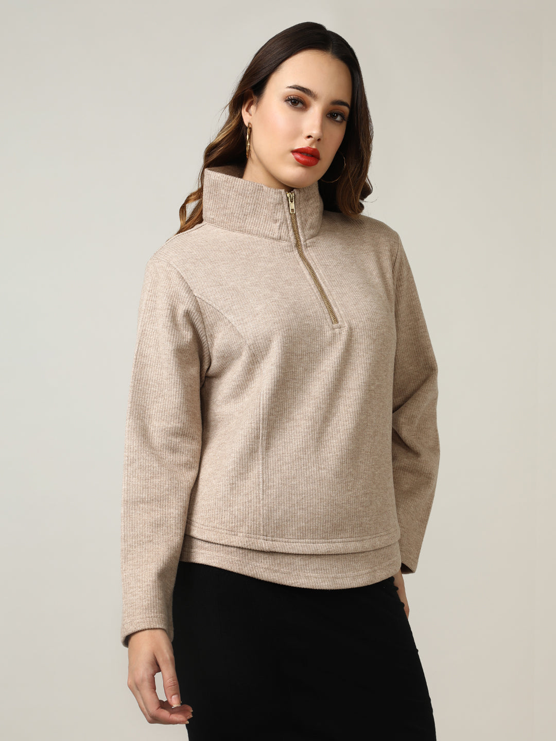 Ribbed Camel Half-Zip Pullover Sweatshirt