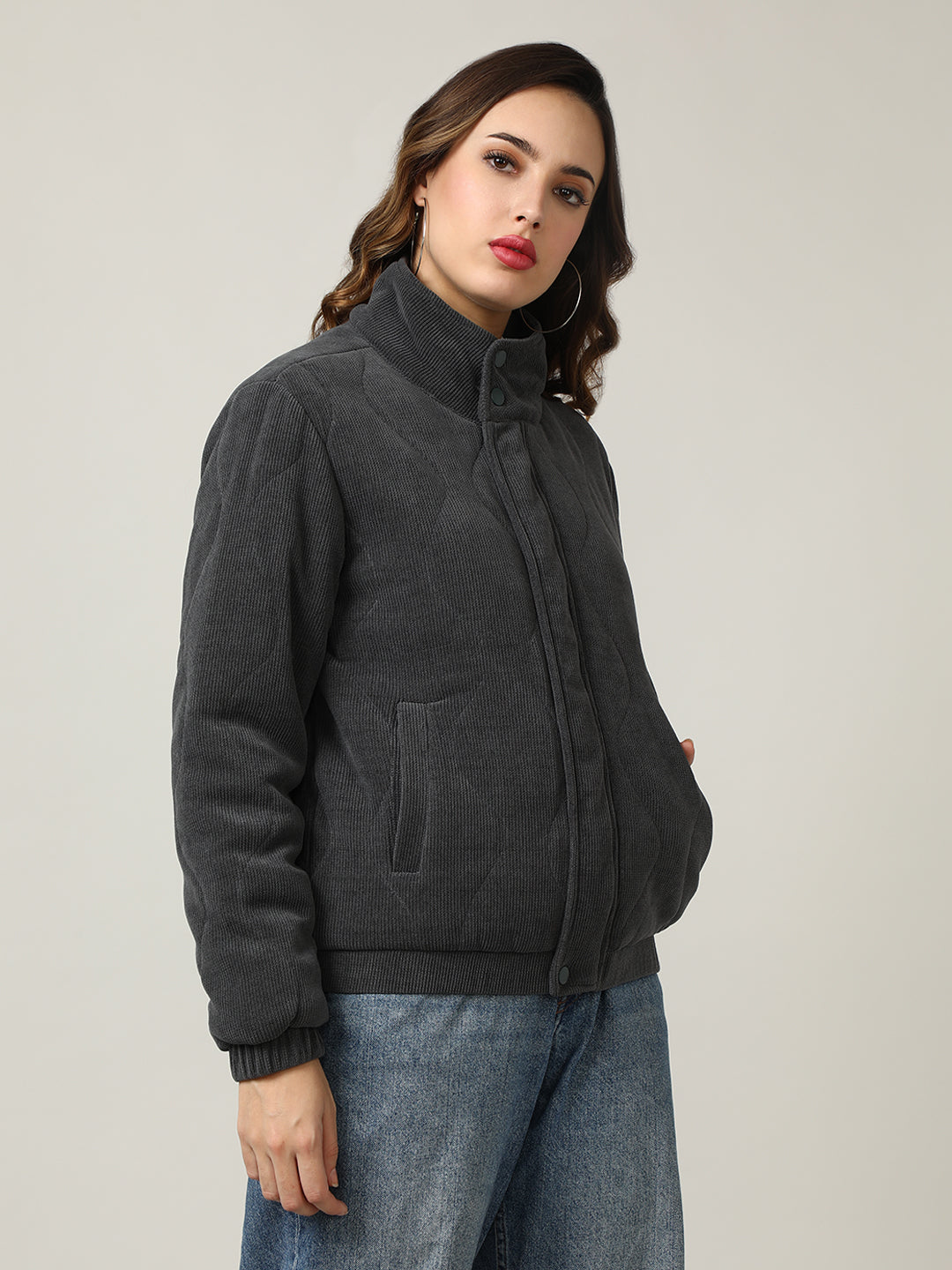Quilted Grey Corduroy Puffer Jacket