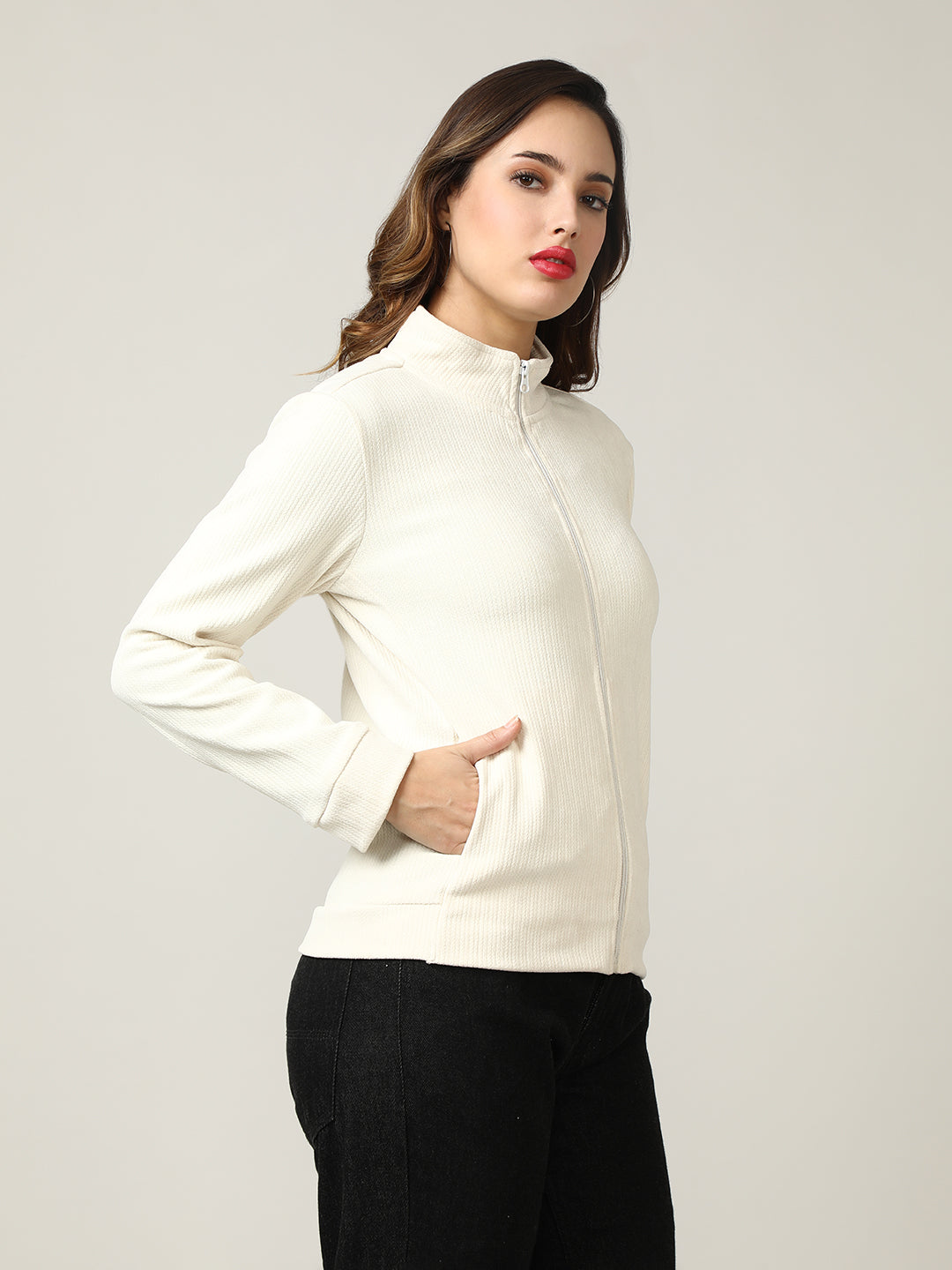 Classic Ecru Ribbed Full-Zip Jacket